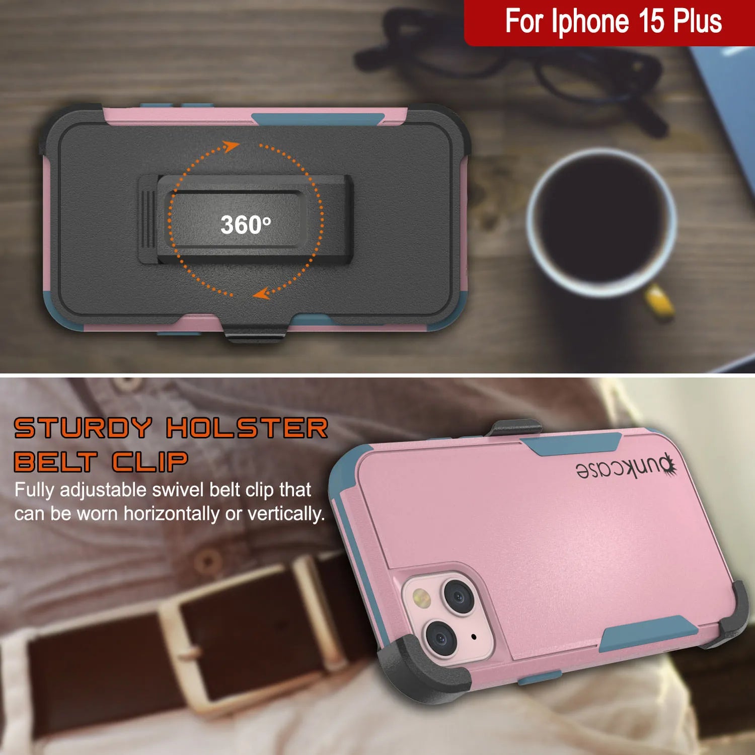 Punkcase for iPhone 15 Plus Belt Clip Multilayer Holster Case [Patron Series] [Pink-Blue]