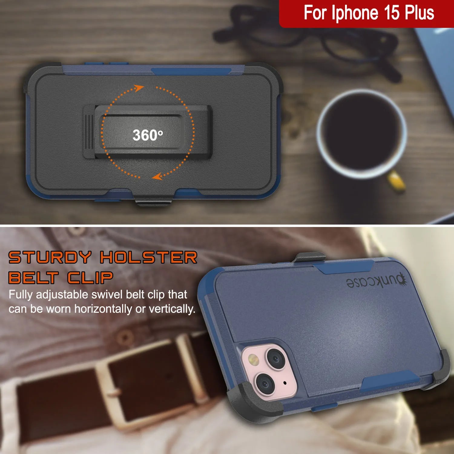Punkcase for iPhone 15 Plus Belt Clip Multilayer Holster Case [Patron Series] [Navy]