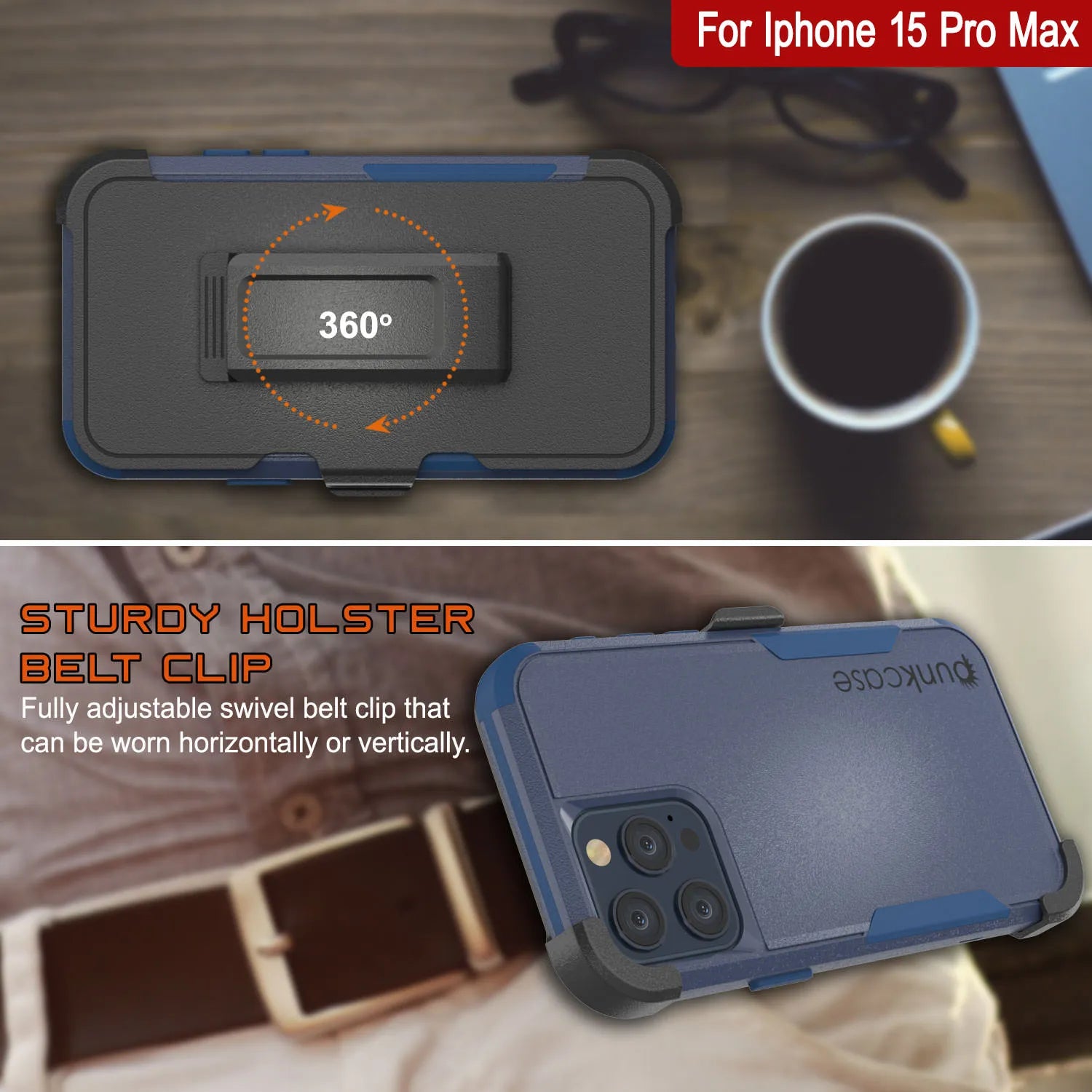 Punkcase for iPhone 15 Pro Max Belt Clip Multilayer Holster Case [Patron Series] [Navy]