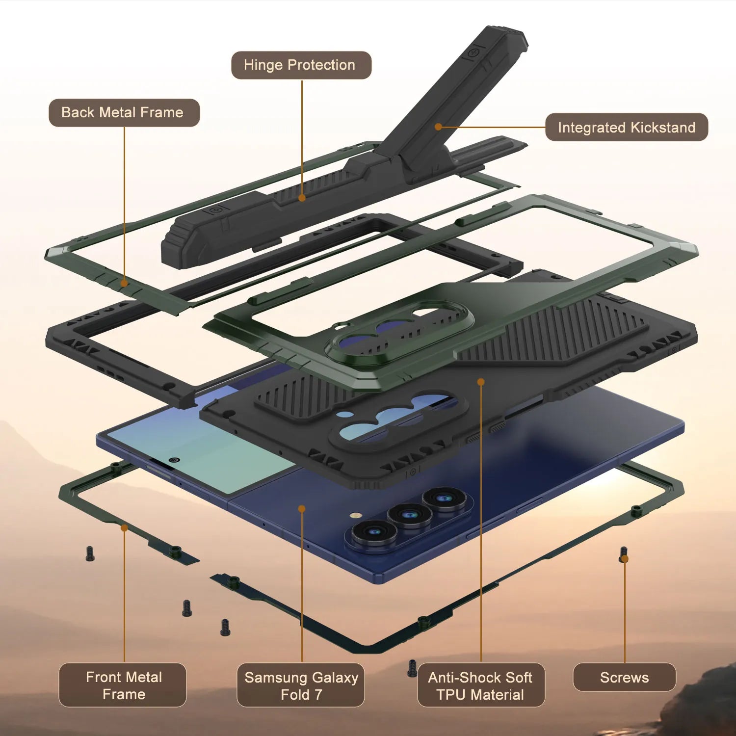 Galaxy Z Fold7 Metal Case, Heavy Duty Military Grade Armor Cover Full Body Hard [Dark Green]