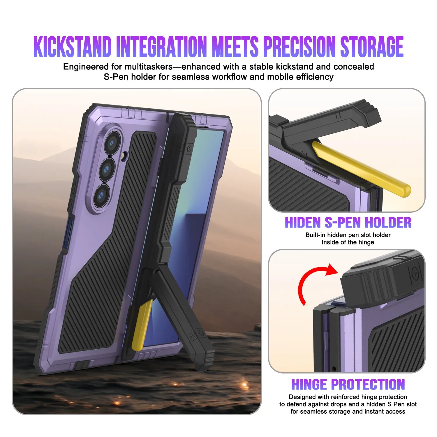 Galaxy Z Fold7 Metal Case, Heavy Duty Military Grade Armor Cover Full Body Hard [Purple]