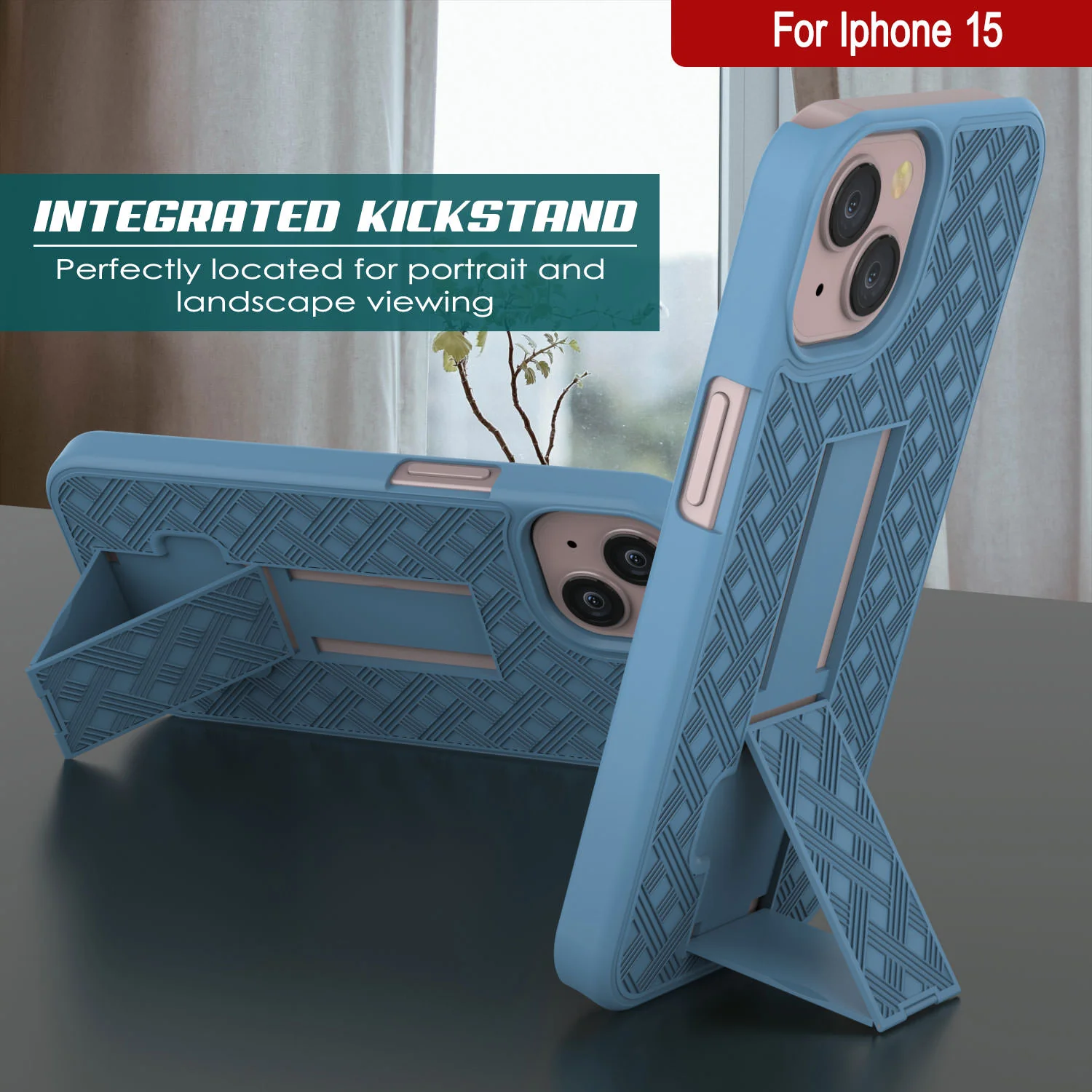 iPhone 15 Case With Tempered Glass Screen Protector, Holster Belt Clip & Built-In Kickstand [Blue]