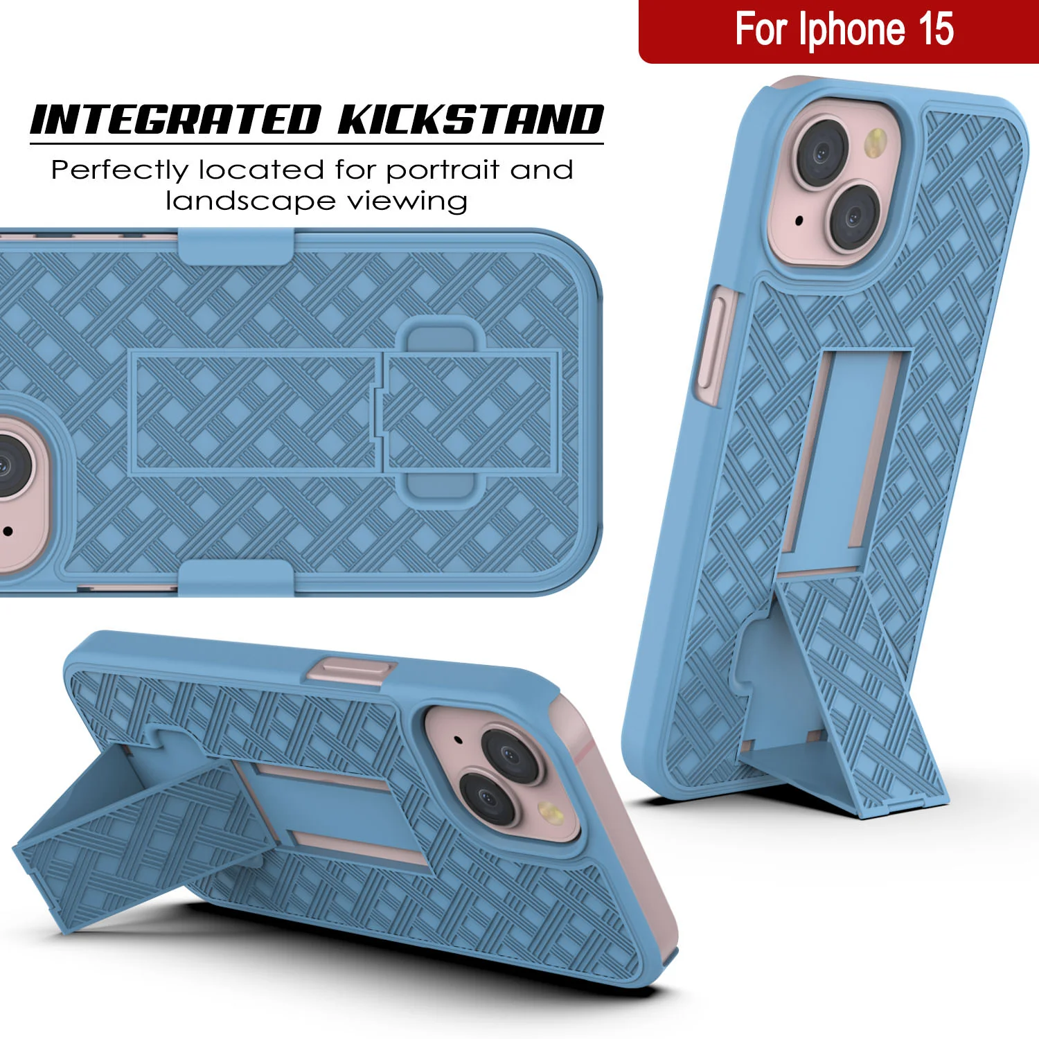iPhone 15 Case With Tempered Glass Screen Protector, Holster Belt Clip & Built-In Kickstand [Blue]