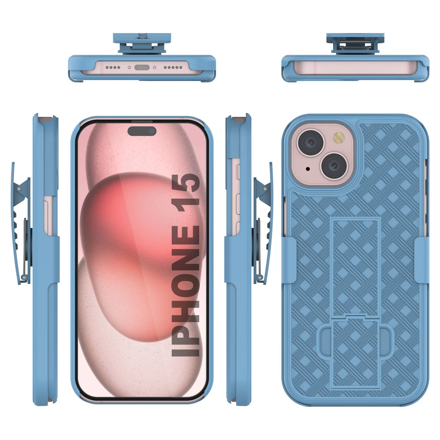 iPhone 15 Case With Tempered Glass Screen Protector, Holster Belt Clip & Built-In Kickstand [Blue]