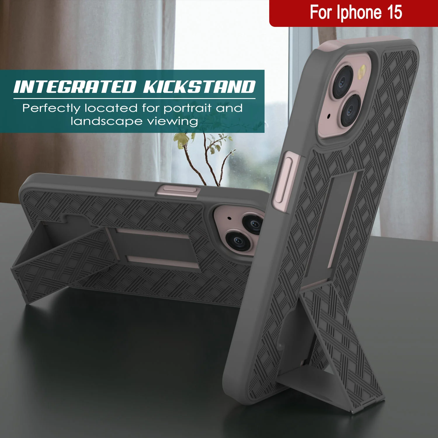 iPhone 15 Case With Tempered Glass Screen Protector, Holster Belt Clip & Built-In Kickstand [Grey]