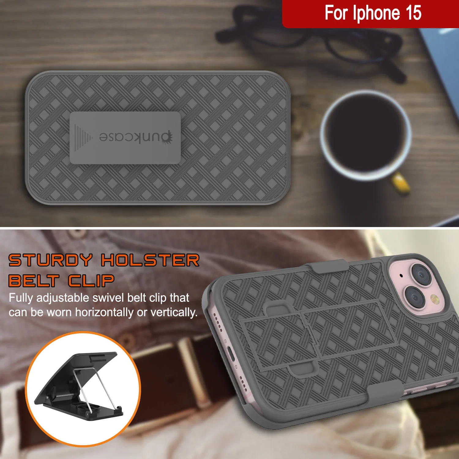 iPhone 15 Case With Tempered Glass Screen Protector, Holster Belt Clip & Built-In Kickstand [Grey]