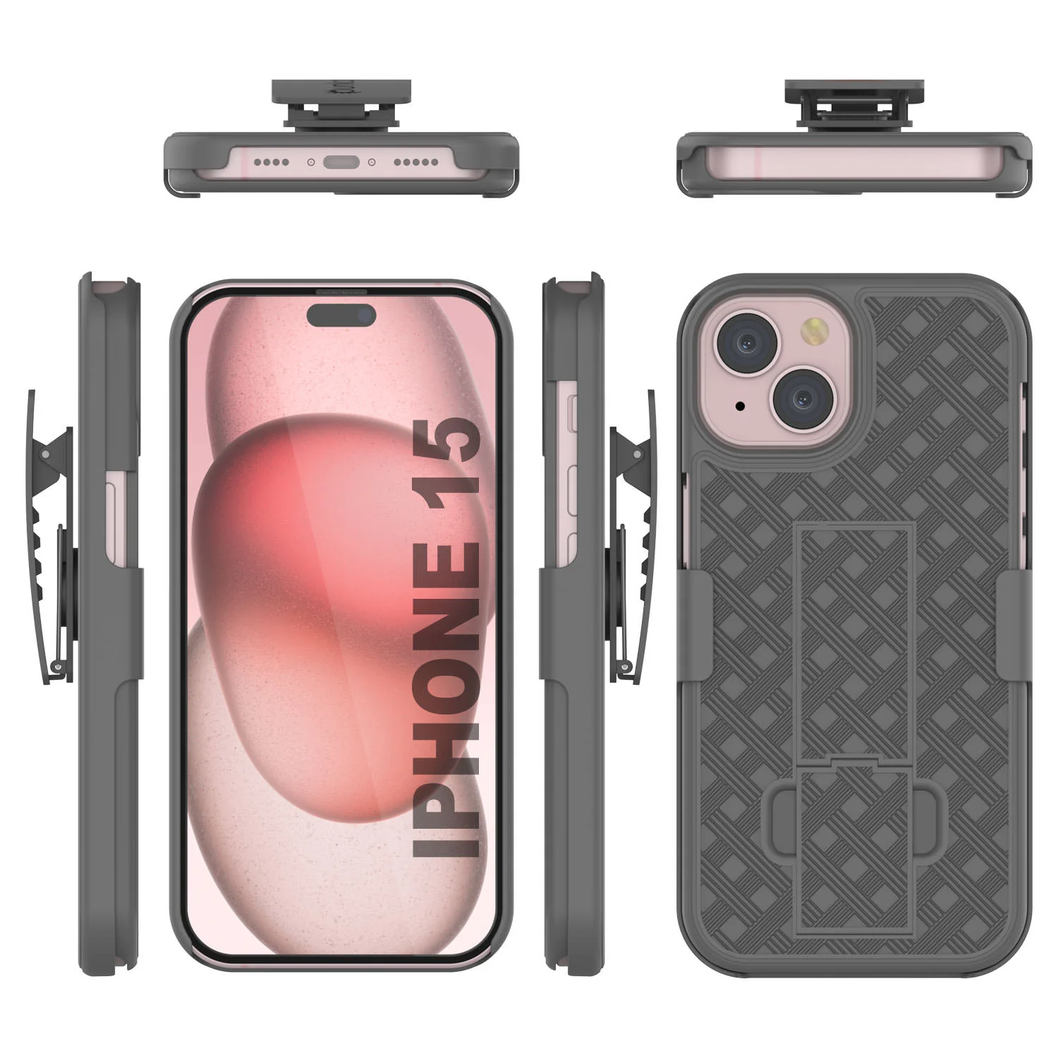 iPhone 15 Case With Tempered Glass Screen Protector, Holster Belt Clip & Built-In Kickstand [Grey]