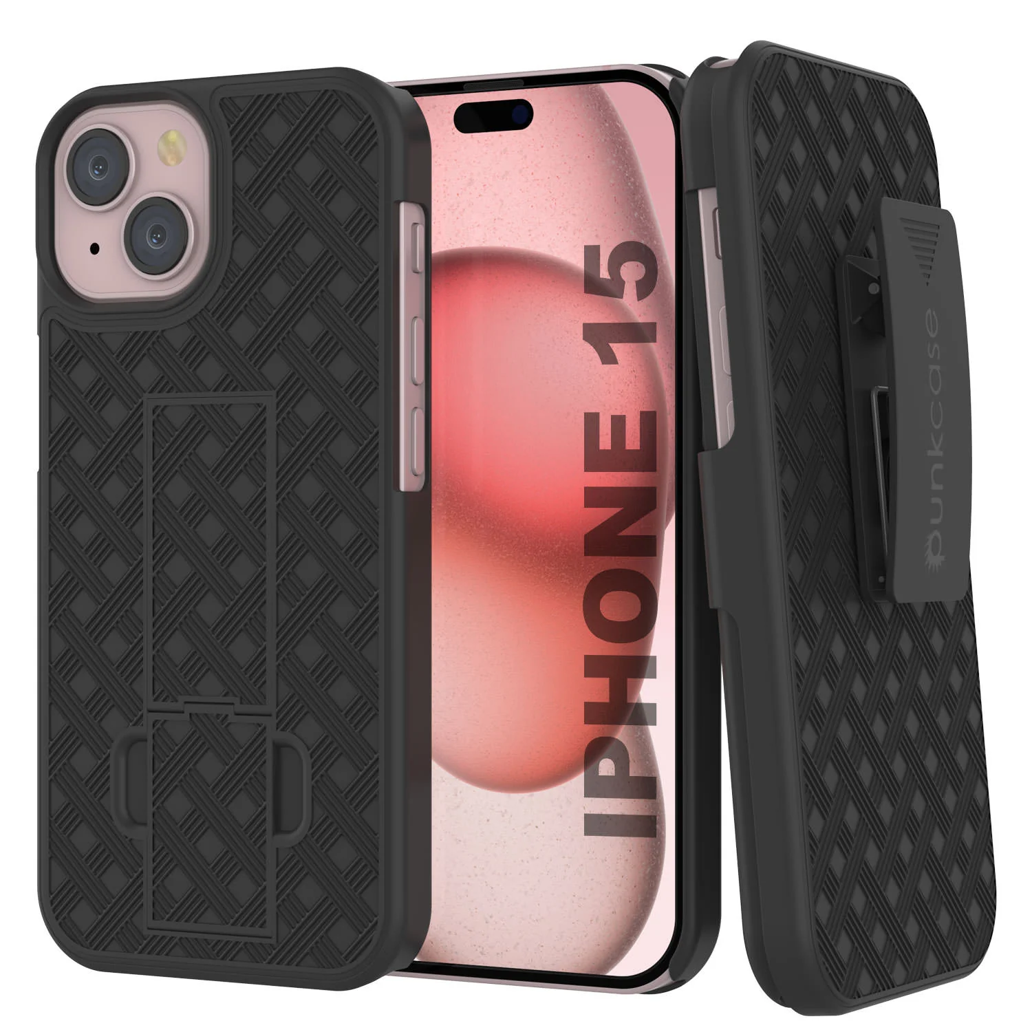 iPhone 15 Case With Tempered Glass Screen Protector, Holster Belt Clip & Built-In Kickstand [Black]