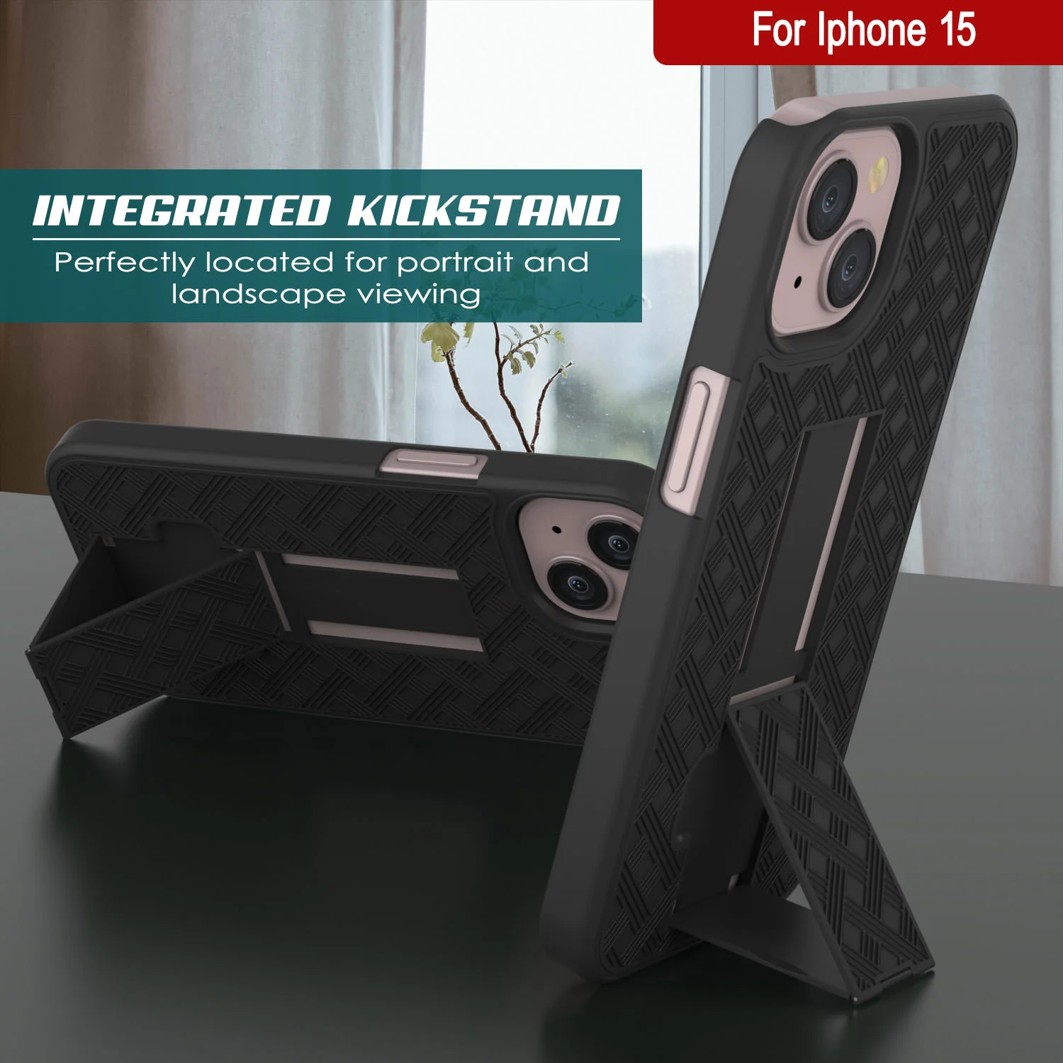 iPhone 15 Case With Tempered Glass Screen Protector, Holster Belt Clip & Built-In Kickstand [Black]