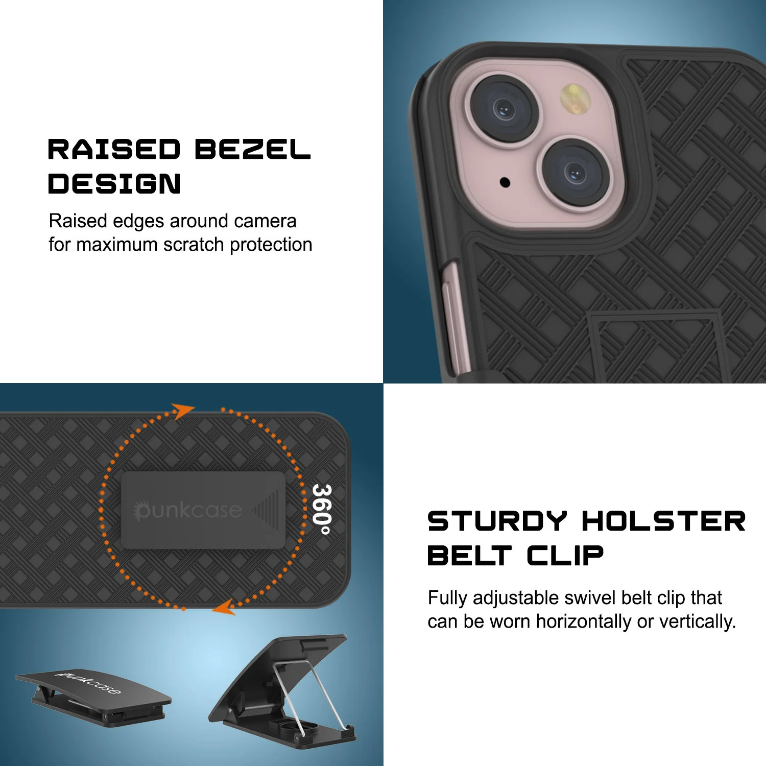 iPhone 15 Case With Tempered Glass Screen Protector, Holster Belt Clip & Built-In Kickstand [Black]