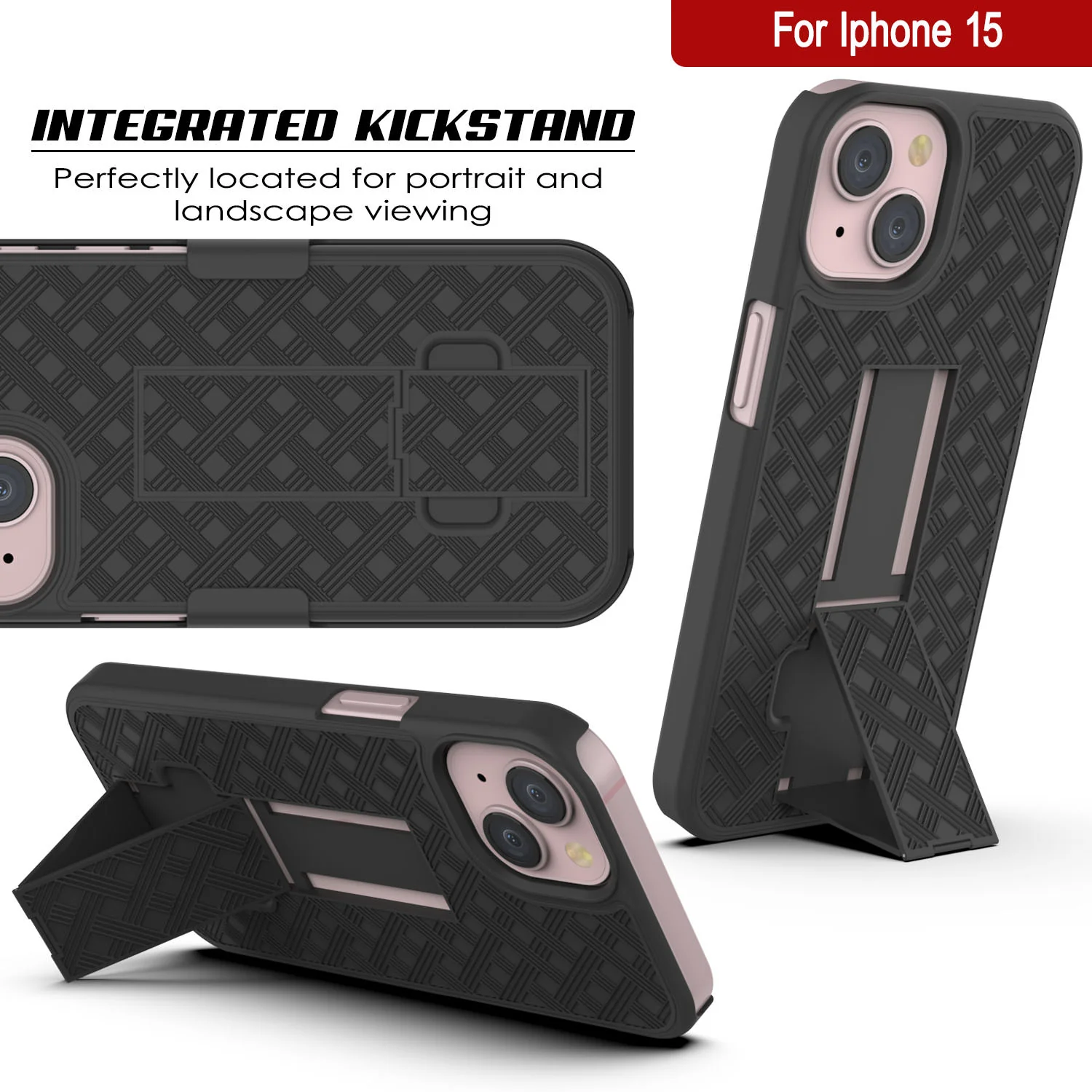 iPhone 15 Case With Tempered Glass Screen Protector, Holster Belt Clip & Built-In Kickstand [Black]