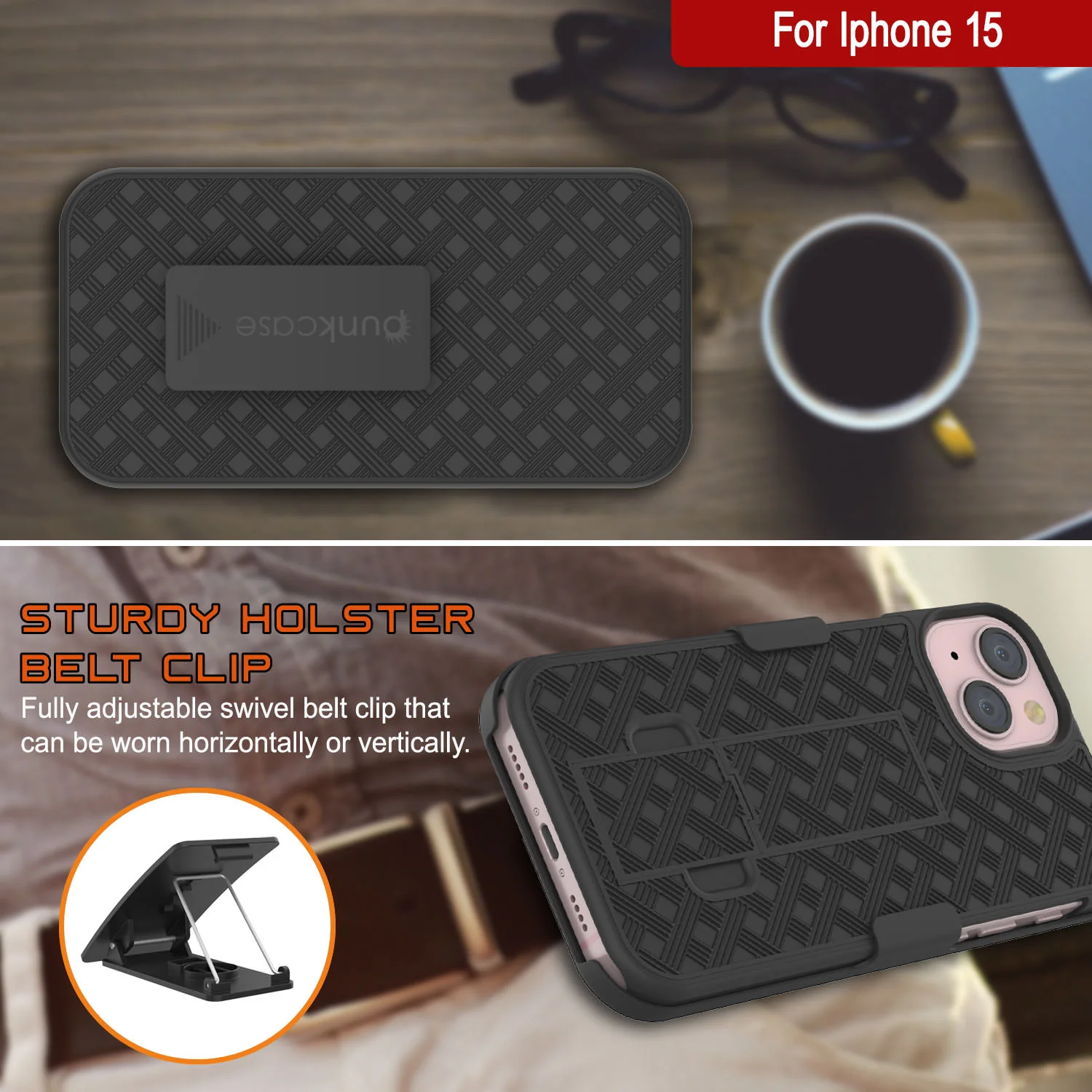 iPhone 15 Case With Tempered Glass Screen Protector, Holster Belt Clip & Built-In Kickstand [Black]