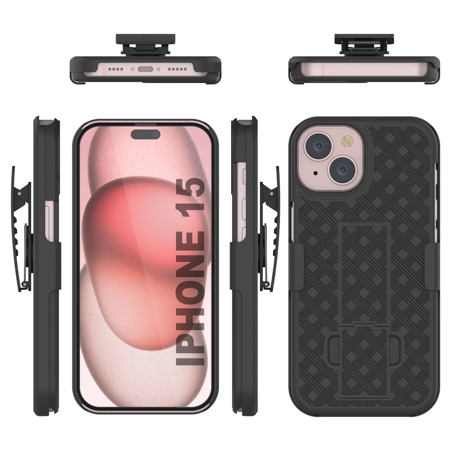 iPhone 15 Case With Tempered Glass Screen Protector, Holster Belt Clip & Built-In Kickstand [Black]