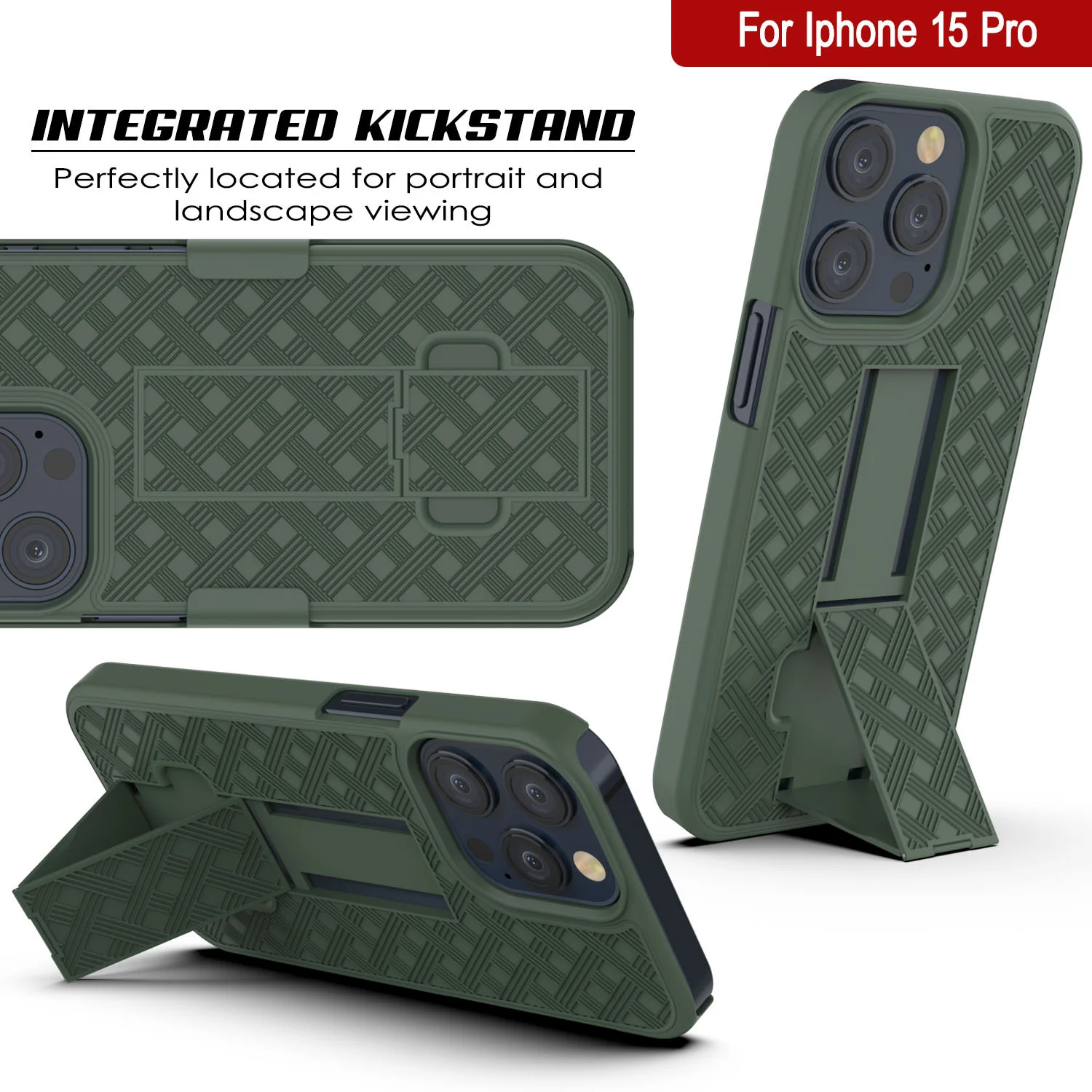 iPhone 15 Pro Case With Tempered Glass Screen Protector, Holster Belt Clip & Built-In Kickstand [Green]