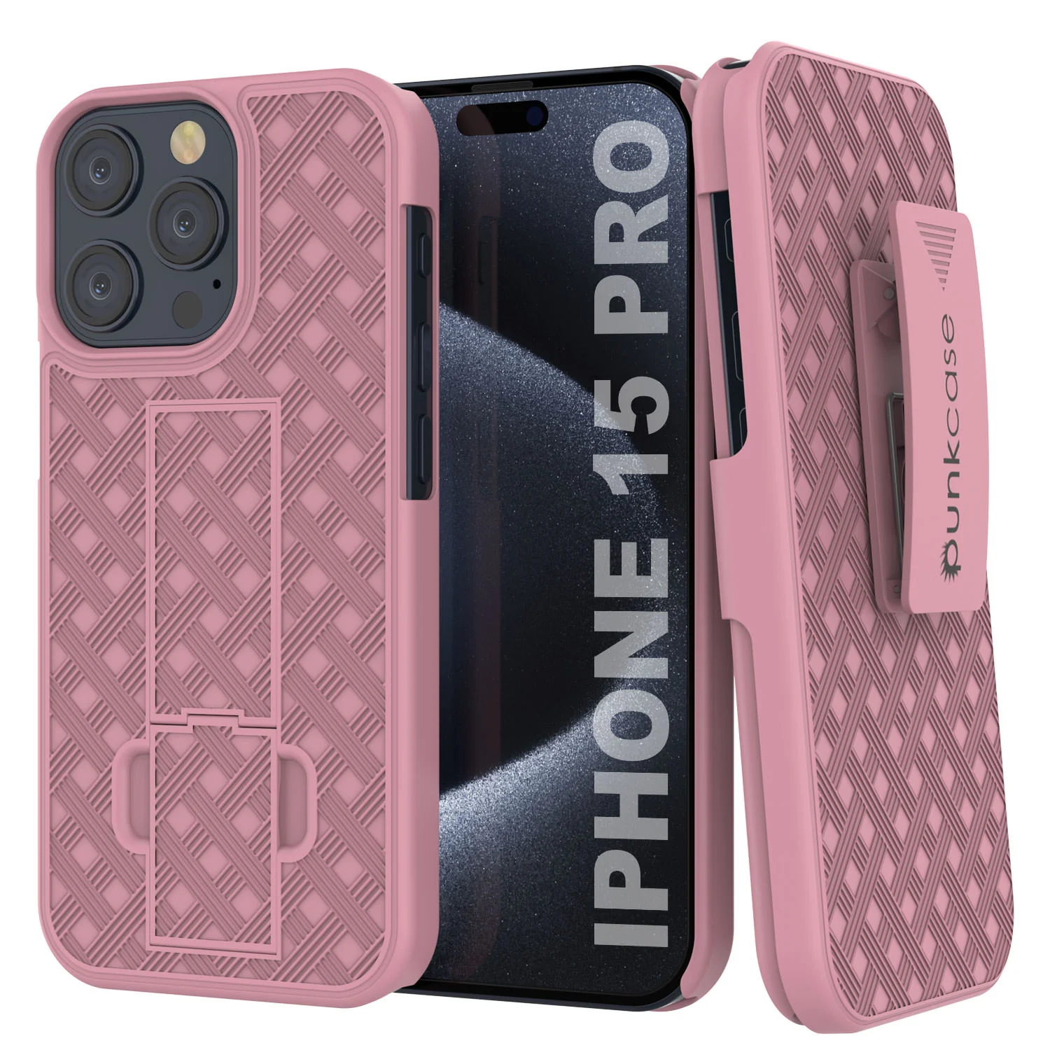 iPhone 15 Pro Case With Tempered Glass Screen Protector, Holster Belt Clip & Built-In Kickstand [Pink]