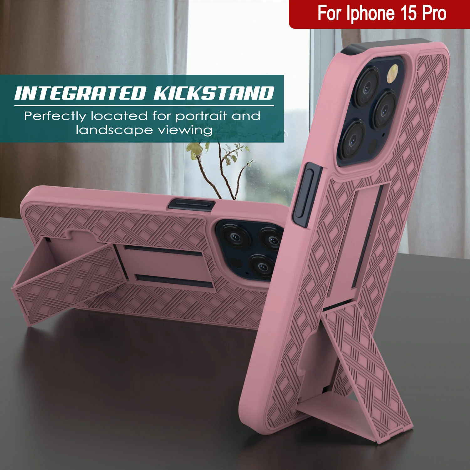 iPhone 15 Pro Case With Tempered Glass Screen Protector, Holster Belt Clip & Built-In Kickstand [Pink]