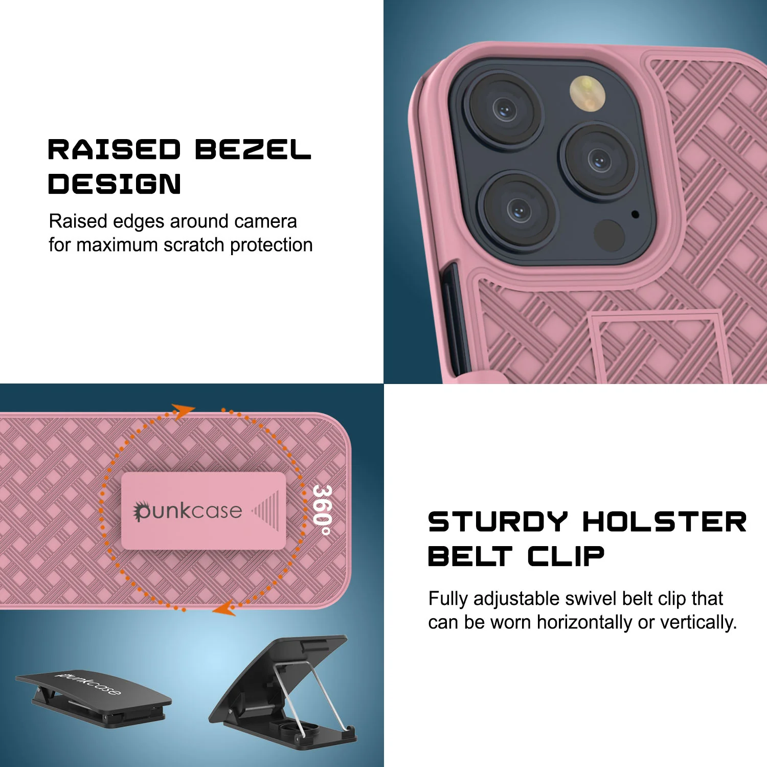 iPhone 15 Pro Case With Tempered Glass Screen Protector, Holster Belt Clip & Built-In Kickstand [Pink]