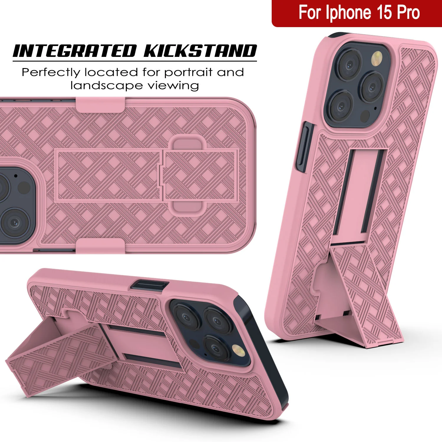 iPhone 15 Pro Case With Tempered Glass Screen Protector, Holster Belt Clip & Built-In Kickstand [Pink]
