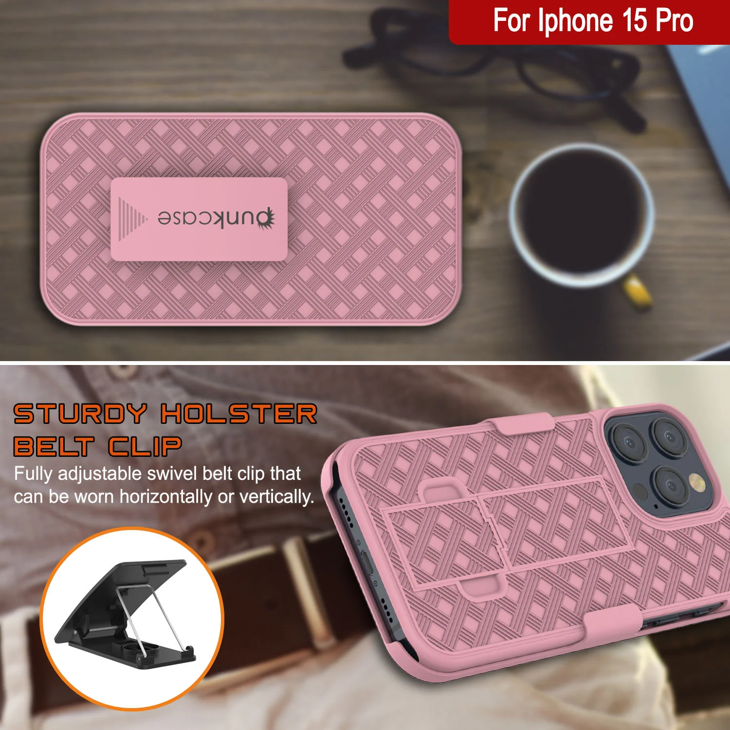 iPhone 15 Pro Case With Tempered Glass Screen Protector, Holster Belt Clip & Built-In Kickstand [Pink]