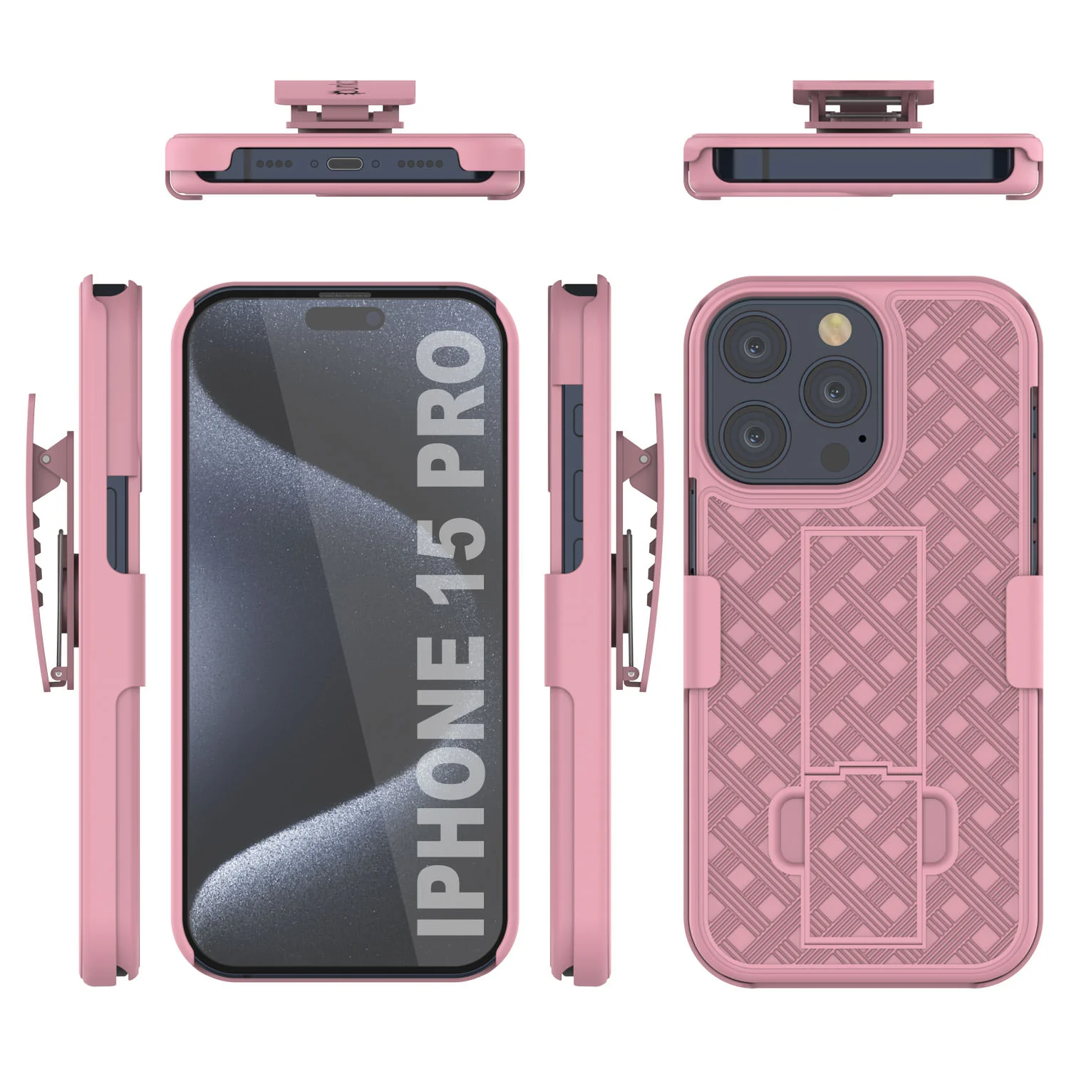 iPhone 15 Pro Case With Tempered Glass Screen Protector, Holster Belt Clip & Built-In Kickstand [Pink]