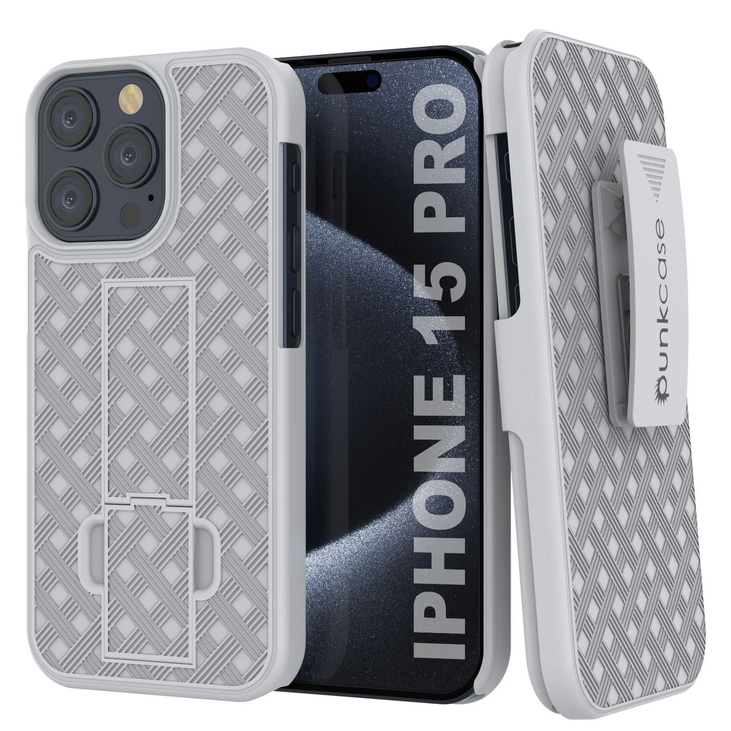 iPhone 15 Pro Case With Tempered Glass Screen Protector, Holster Belt Clip & Built-In Kickstand [White]