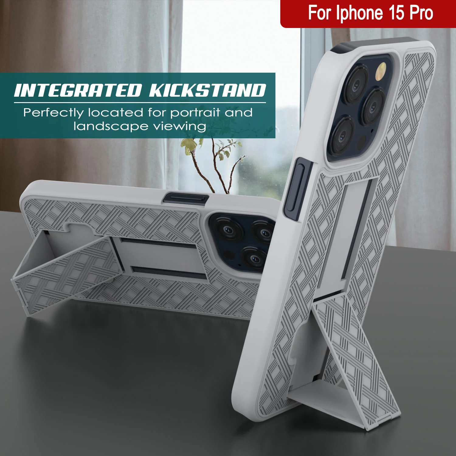 iPhone 15 Pro Case With Tempered Glass Screen Protector, Holster Belt Clip & Built-In Kickstand [White]