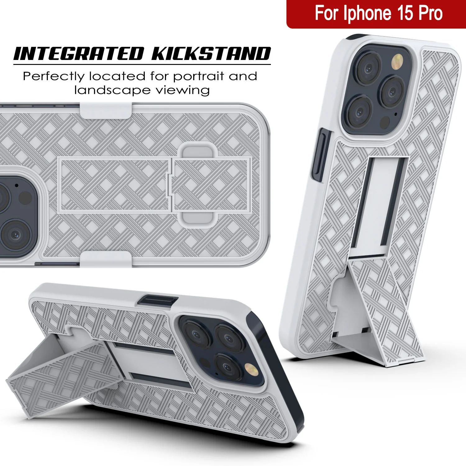 iPhone 15 Pro Case With Tempered Glass Screen Protector, Holster Belt Clip & Built-In Kickstand [White]