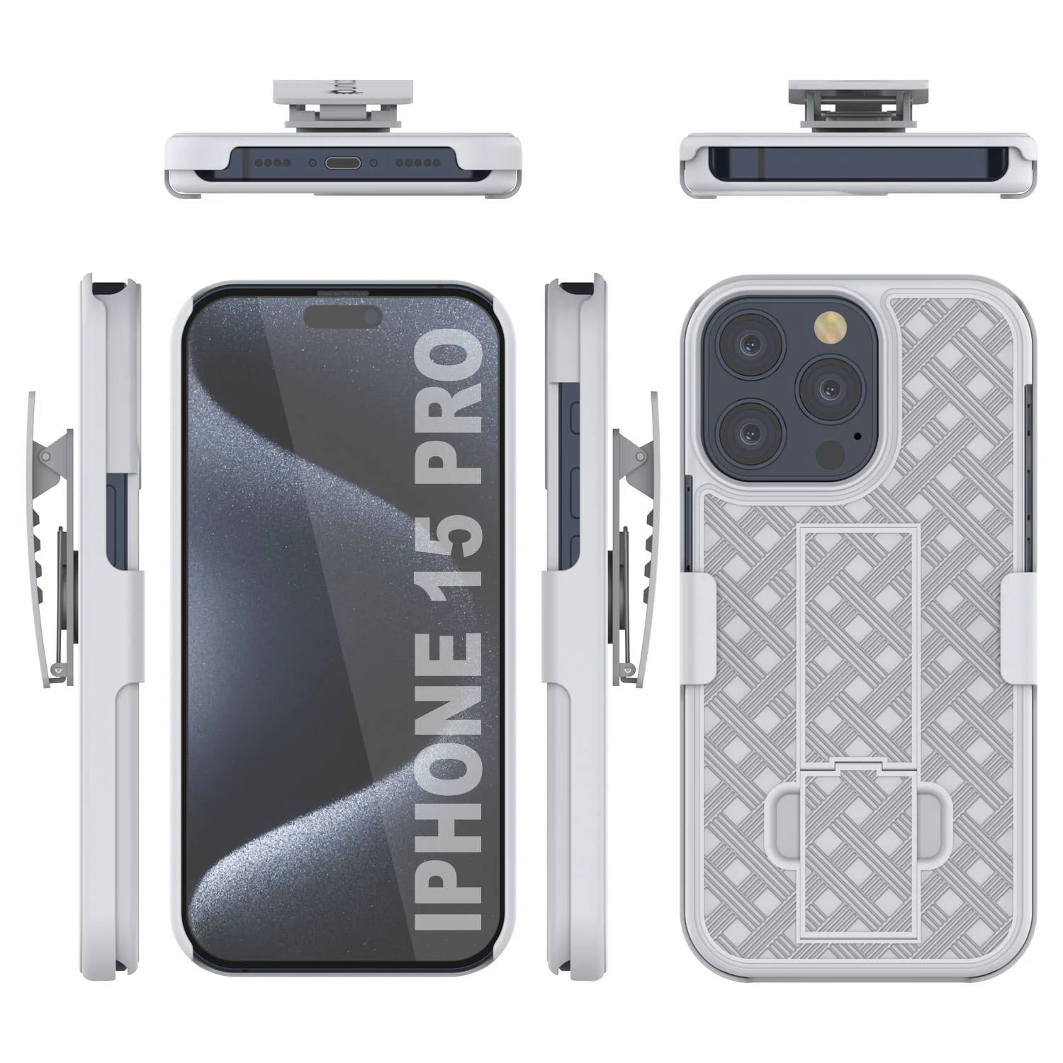 iPhone 15 Pro Case With Tempered Glass Screen Protector, Holster Belt Clip & Built-In Kickstand [White]