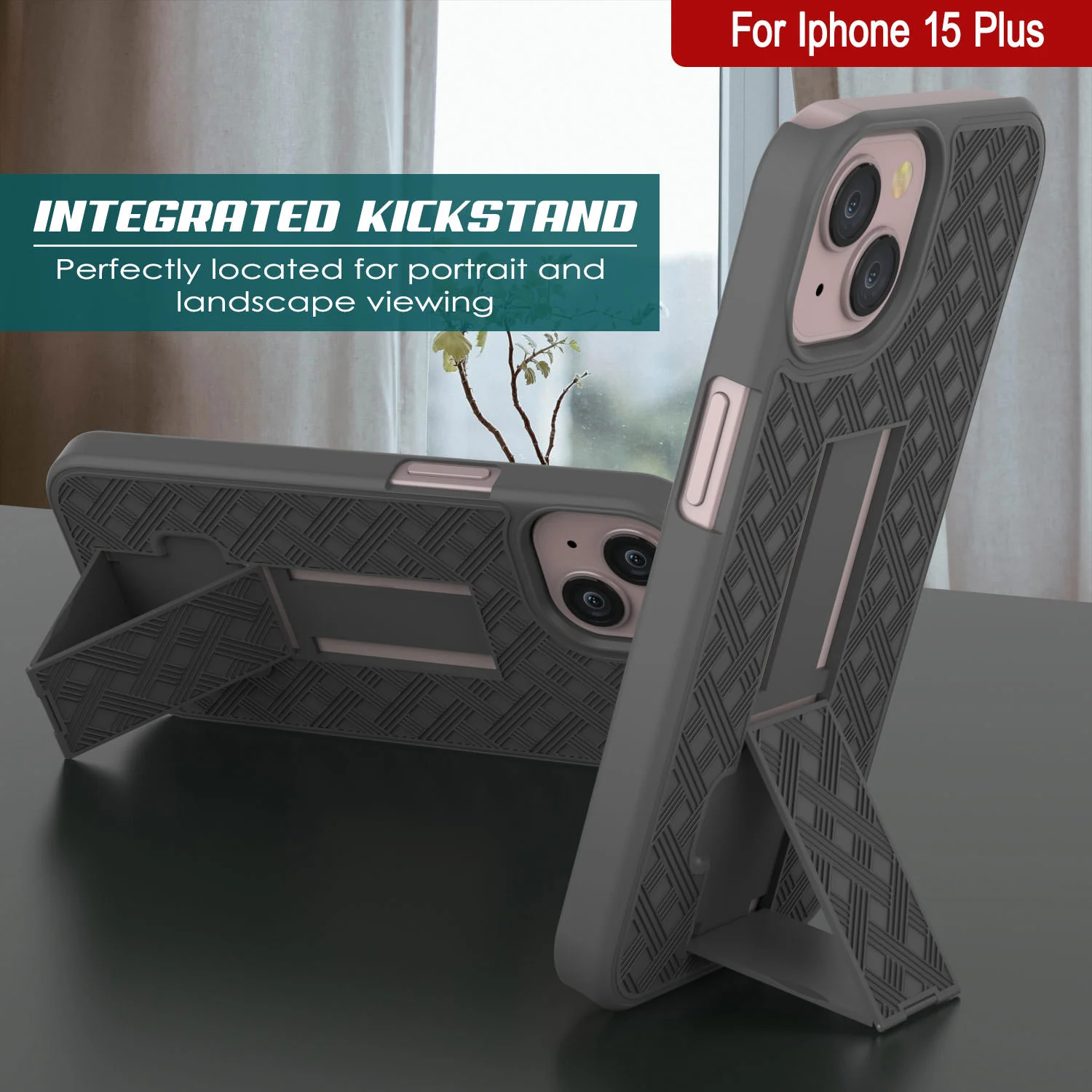 iPhone 15 Plus Case With Tempered Glass Screen Protector, Holster Belt Clip & Built-In Kickstand [Grey]