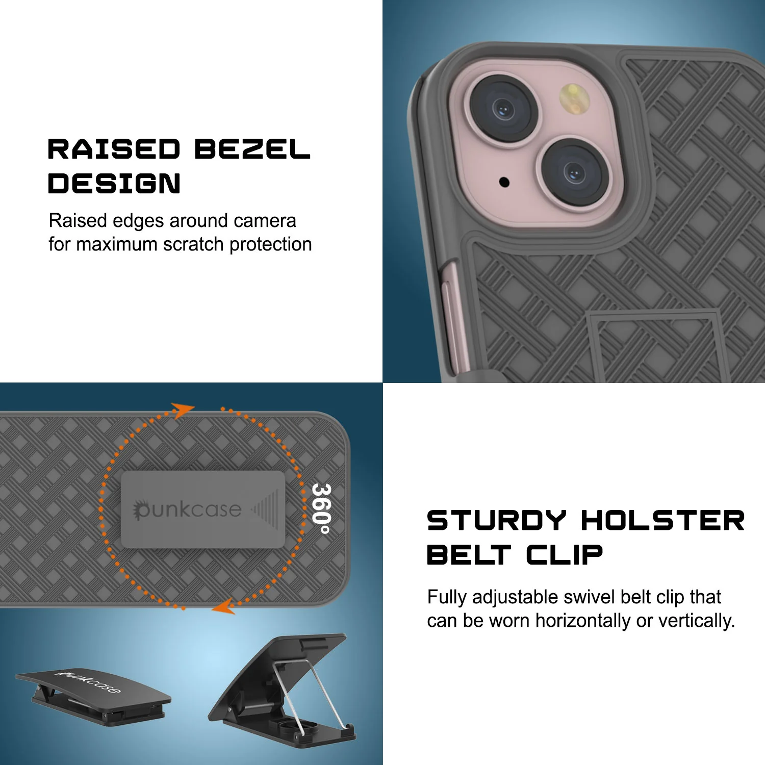 iPhone 15 Plus Case With Tempered Glass Screen Protector, Holster Belt Clip & Built-In Kickstand [Grey]