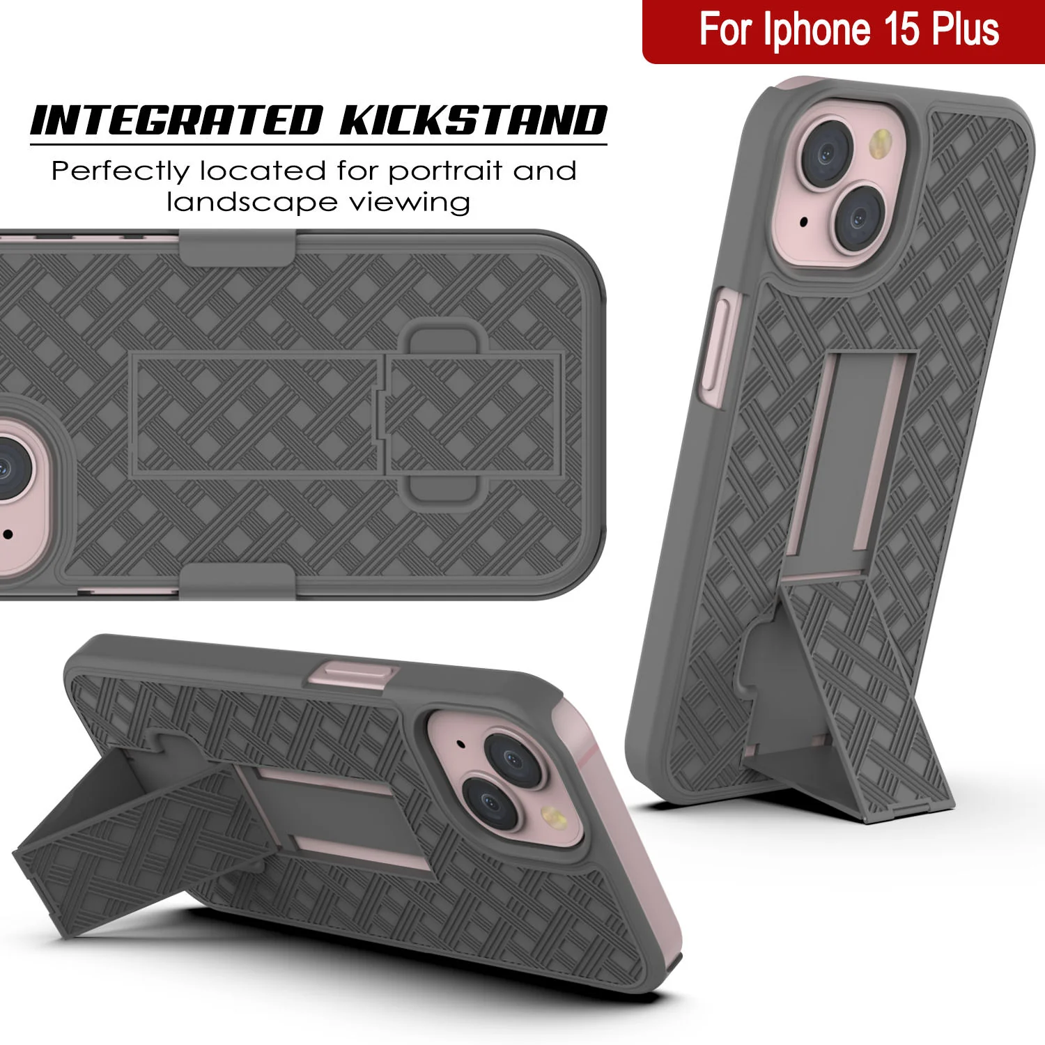 iPhone 15 Plus Case With Tempered Glass Screen Protector, Holster Belt Clip & Built-In Kickstand [Grey]