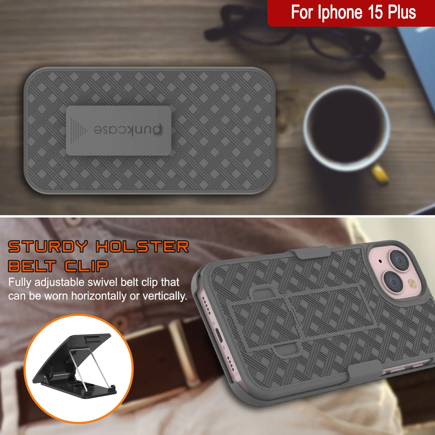iPhone 15 Plus Case With Tempered Glass Screen Protector, Holster Belt Clip & Built-In Kickstand [Grey]