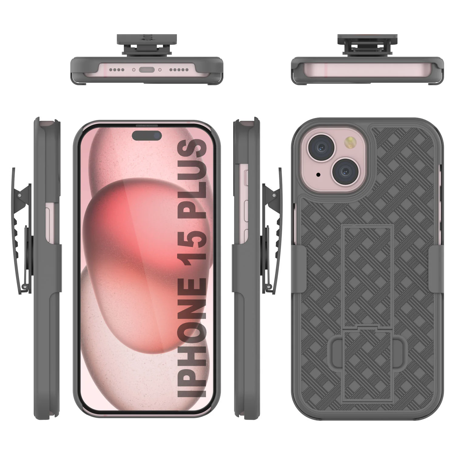 iPhone 15 Plus Case With Tempered Glass Screen Protector, Holster Belt Clip & Built-In Kickstand [Grey]
