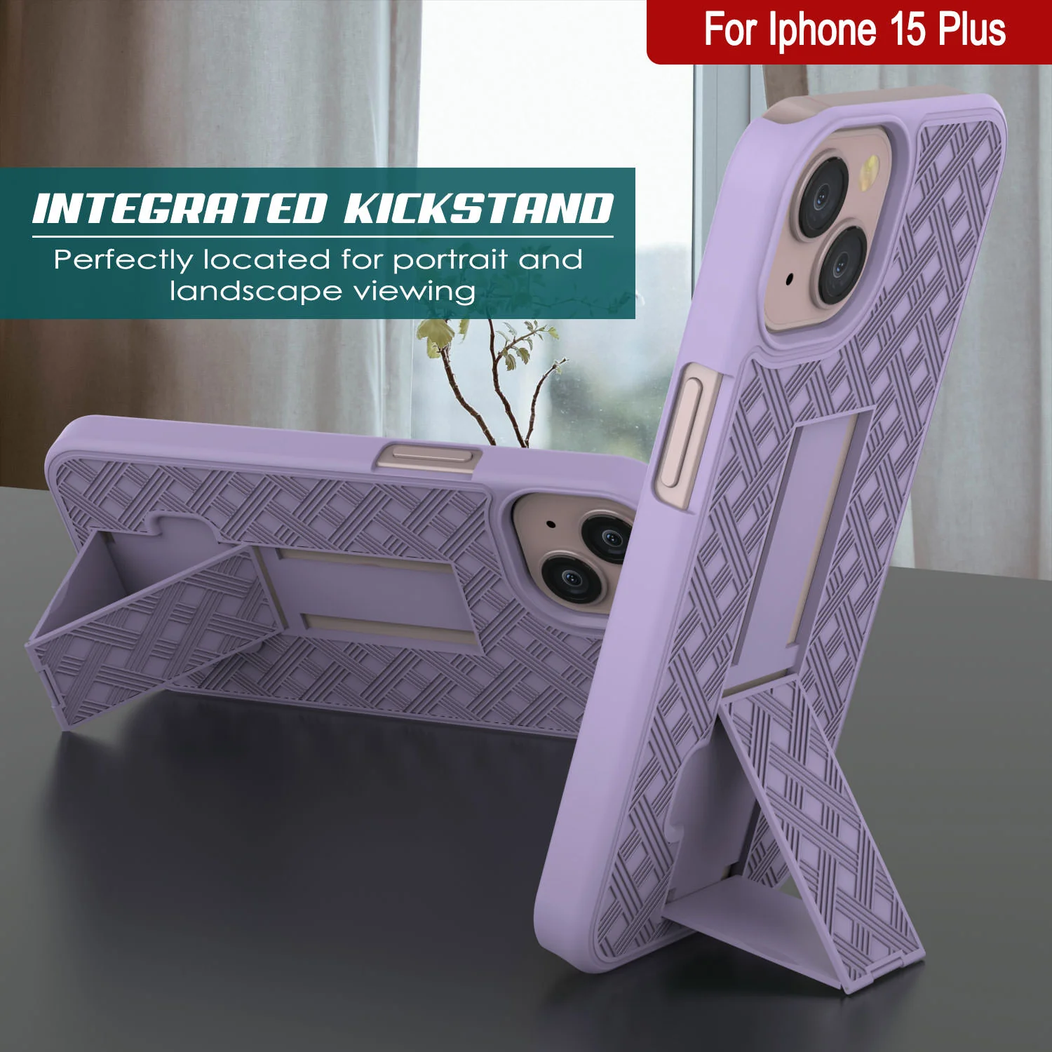 iPhone 15 Plus Case With Tempered Glass Screen Protector, Holster Belt Clip & Built-In Kickstand [Lilac]