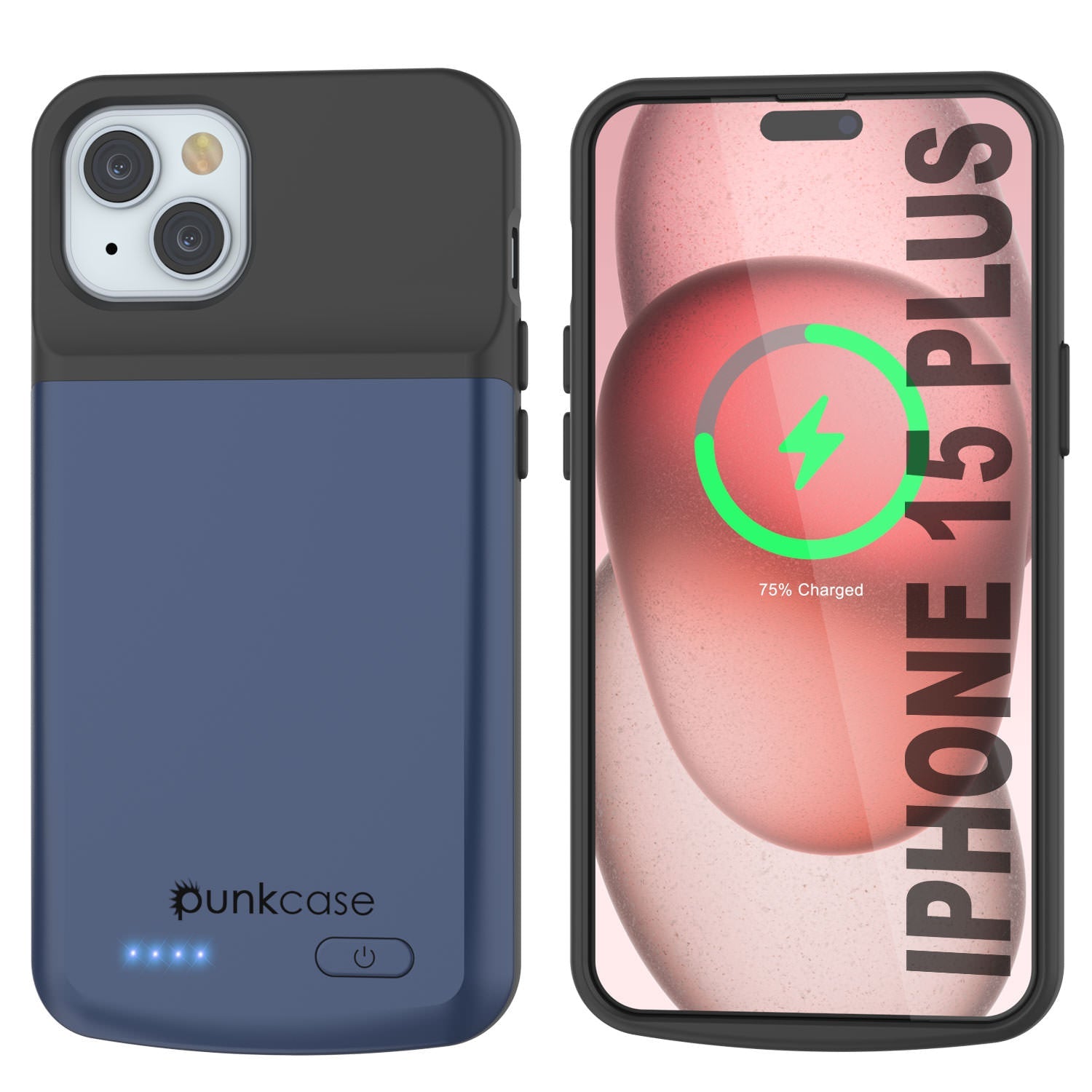 iPhone 15 Plus Battery Case, PunkJuice 5000mAH Fast Charging Power Bank W/ Screen Protector | [Navy Blue]
