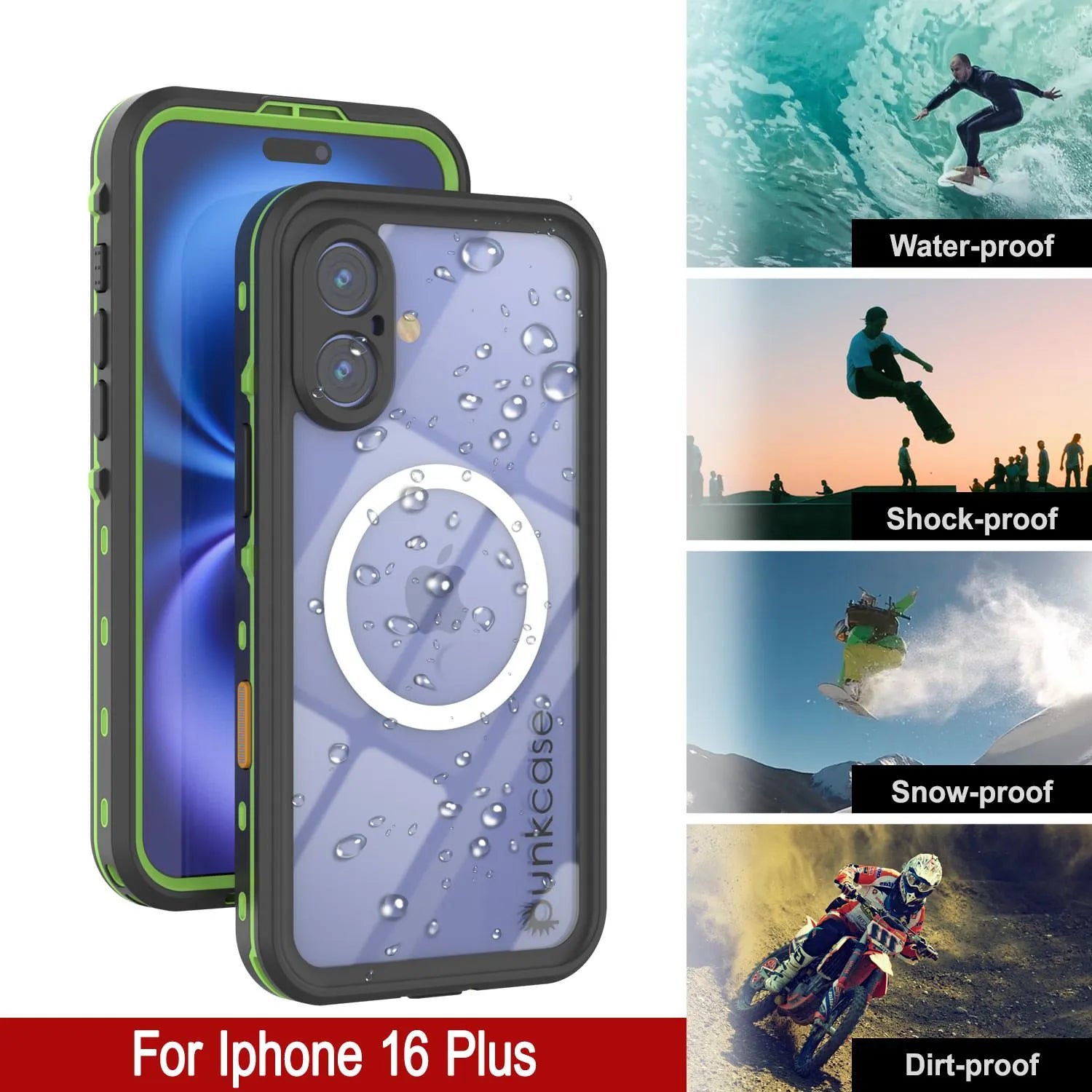 iPhone 16+ Plus Waterproof Case, Punkcase SpikeStar Light-Green Series | Thin Fit 6.6ft Underwater IP68