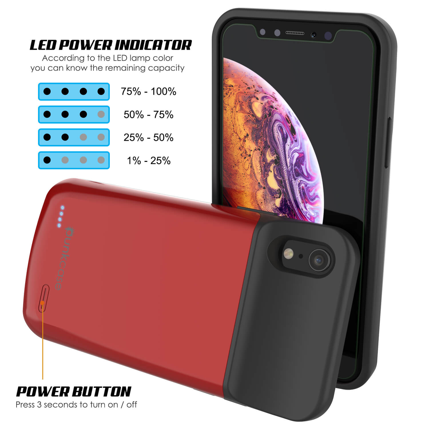 iphone XR Battery Case, PunkJuice 5000mAH Fast Charging Power Bank W/ Screen Protector | [Red]