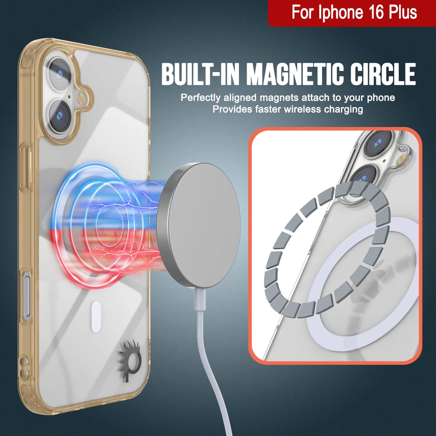Punkcase iPhone 16 Plus Magnetic Wireless Charging Case [ClearMag Series][Gold]