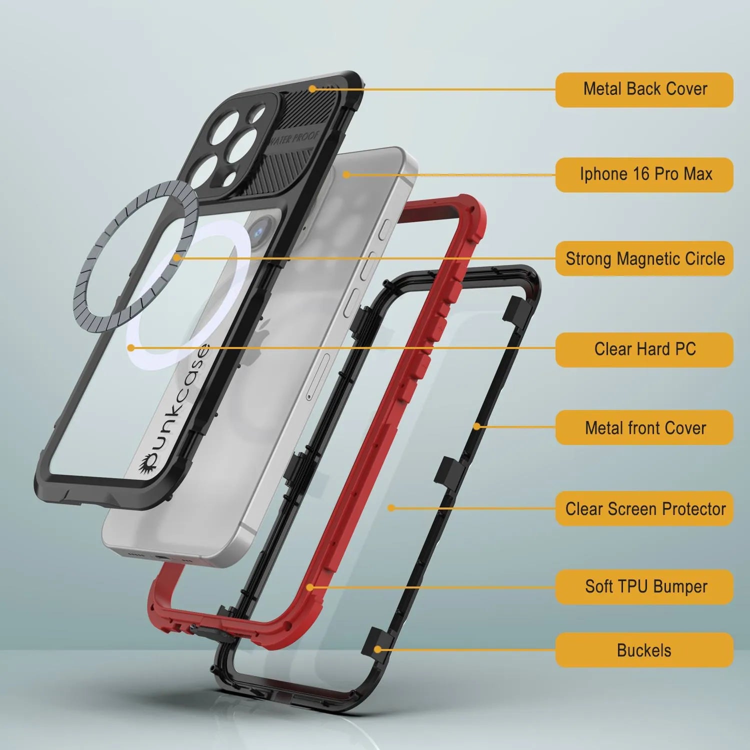 iPhone 16 Pro Max Metal Extreme 2.0 Series Aluminum Waterproof Case IP68 W/Buillt in Screen Protector [Black-Red]