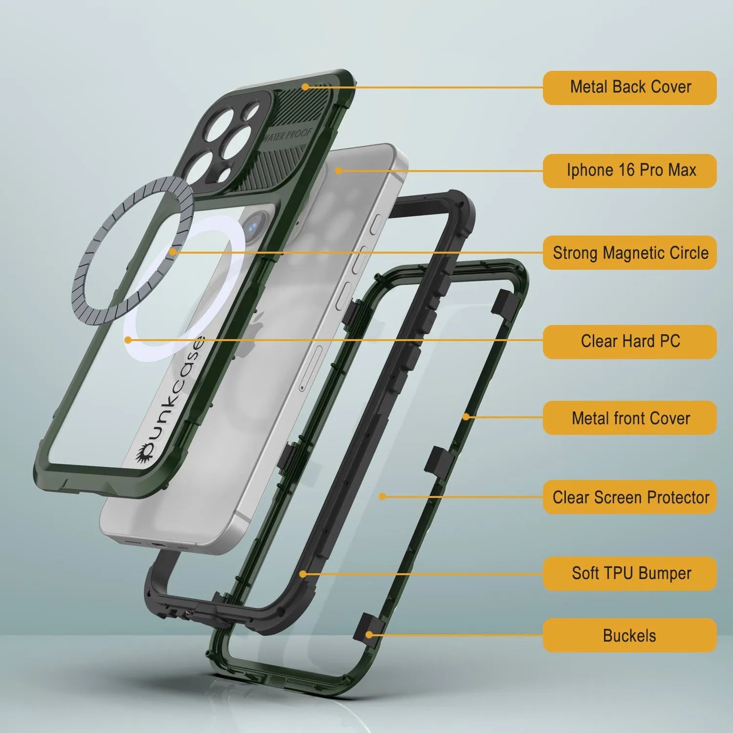 iPhone 16 Pro Max Metal Extreme 2.0 Series Aluminum Waterproof Case IP68 W/Buillt in Screen Protector [Dark Green]