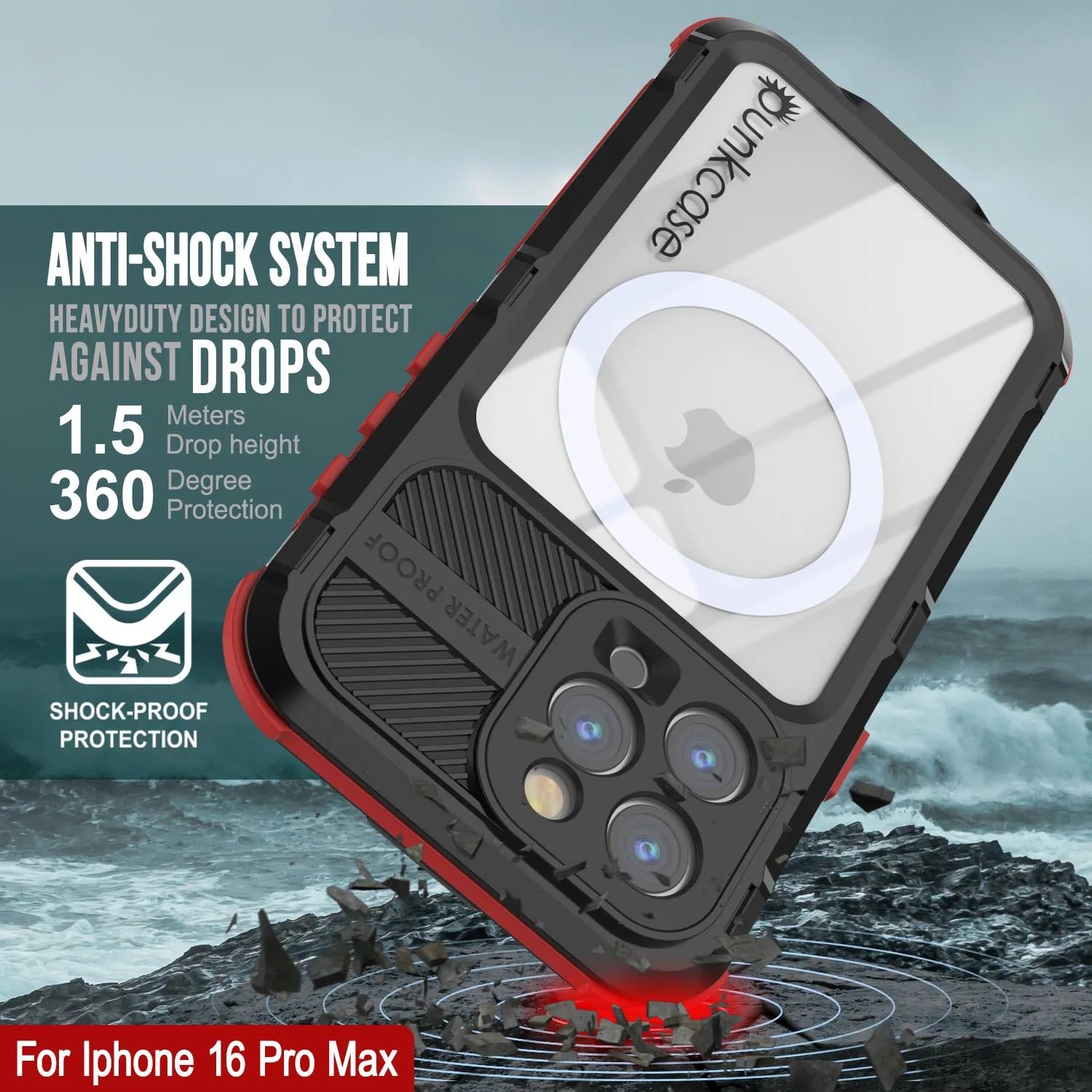 iPhone 16 Pro Max Metal Extreme 2.0 Series Aluminum Waterproof Case IP68 W/Buillt in Screen Protector [Black-Red]