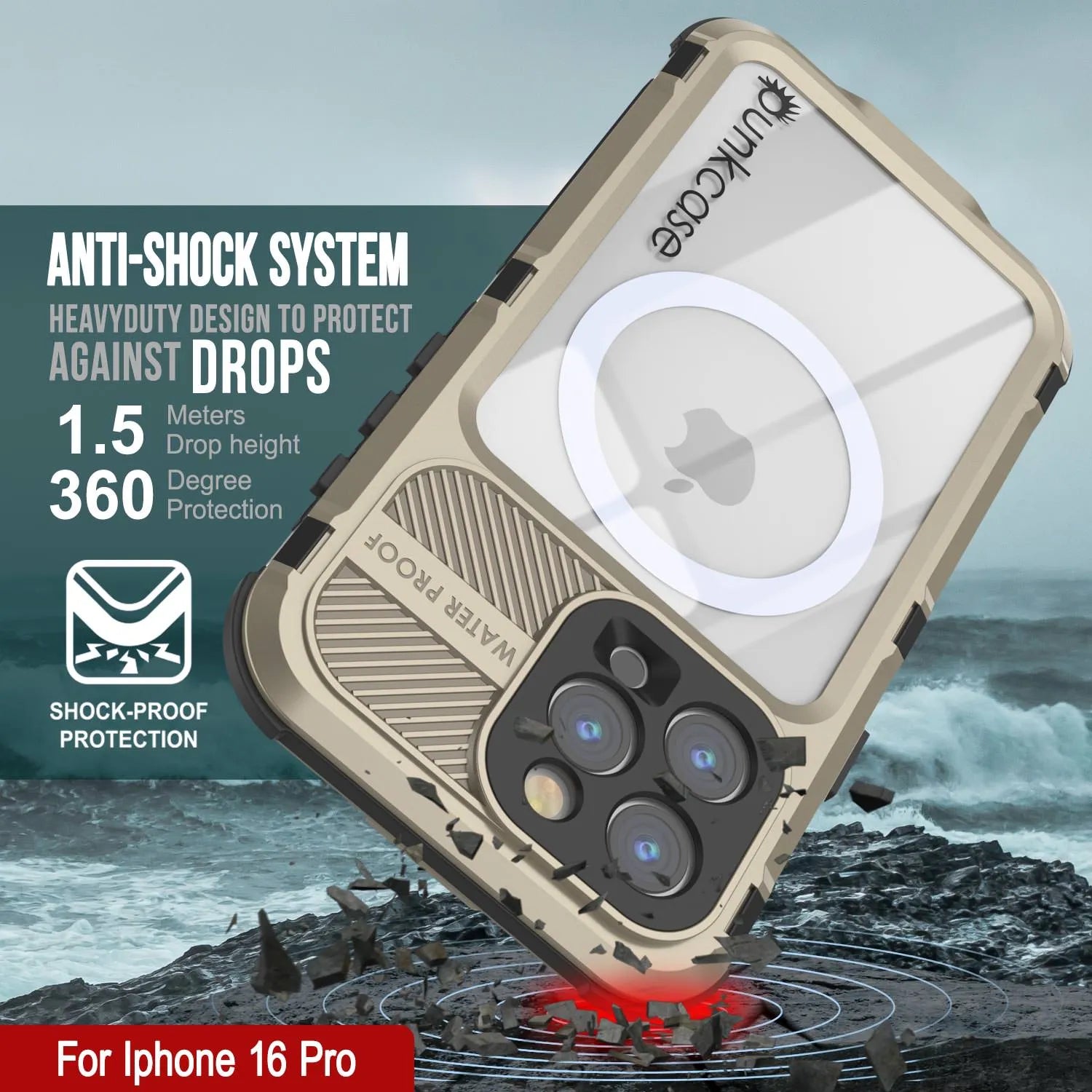 iPhone 16 Pro Metal Extreme 2.0 Series Aluminum Waterproof Case IP68 W/Buillt in Screen Protector [Gold]