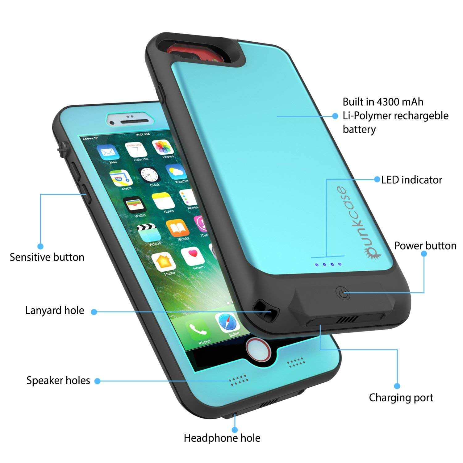 PunkJuice iPhone 7+Plus Battery Case Teal - Waterproof Slim Power Juice Bank with 4300mAh