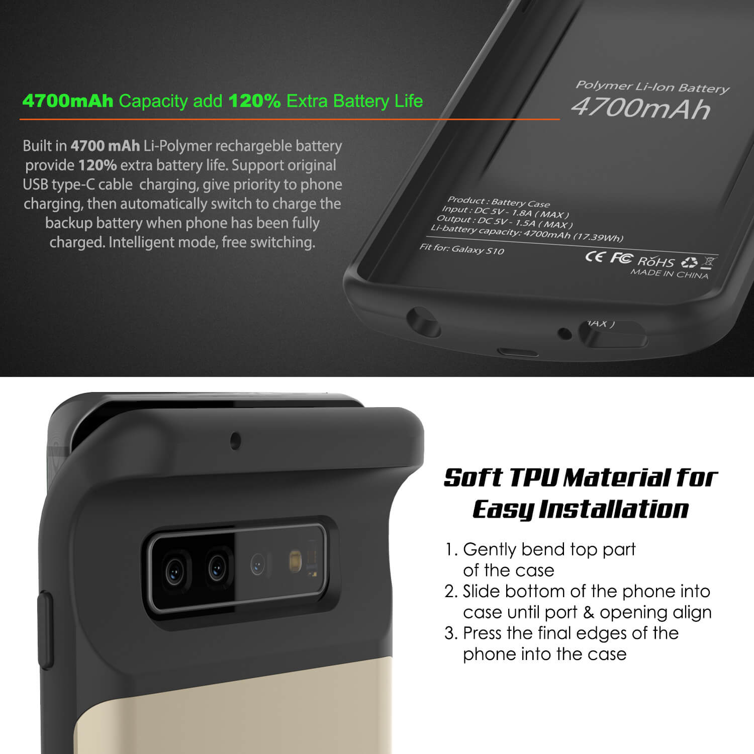 PunkJuice S10 Battery Case Gold - Fast Charging Power Juice Bank with 4700mAh