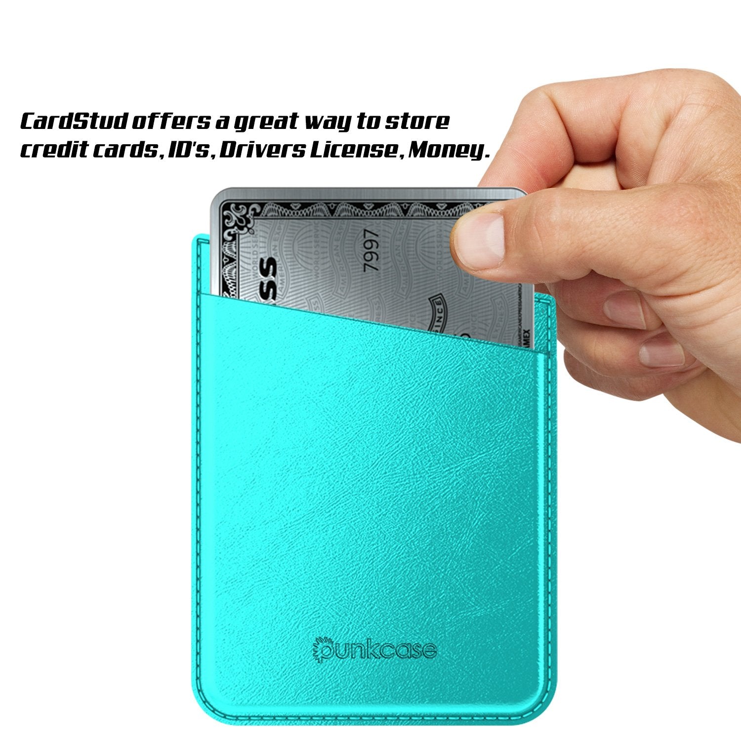 PunkCase CardStud Deluxe Stick On Wallet | Adhesive Card Holder Attachment for Back of iPhone, Android & More | Leather Pouch | [Teal]