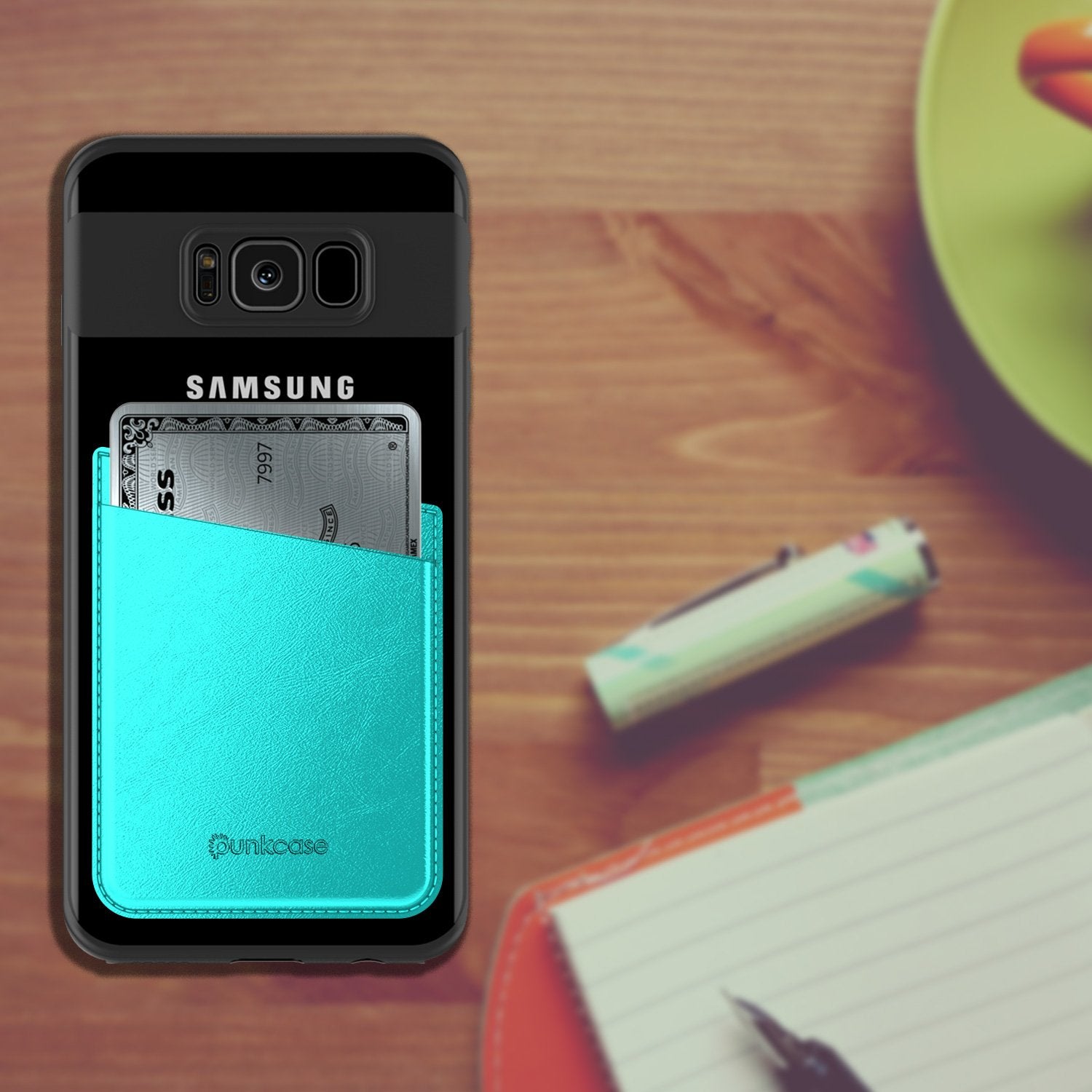 PunkCase CardStud Deluxe Stick On Wallet | Adhesive Card Holder Attachment for Back of iPhone, Android & More | Leather Pouch | [Teal]