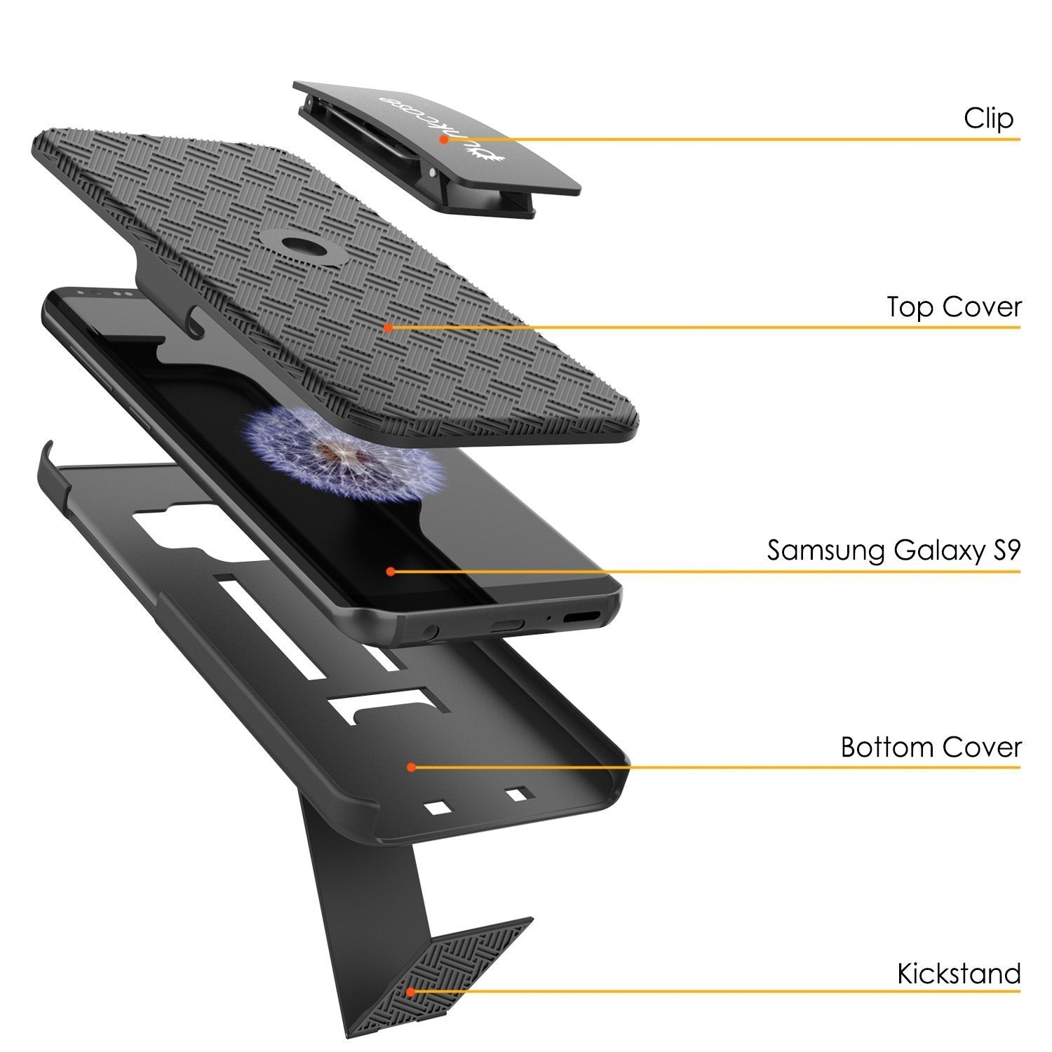 Punkcase Galaxy S9 Case, Holster Belt Clip & Built-In Kickstand, Black