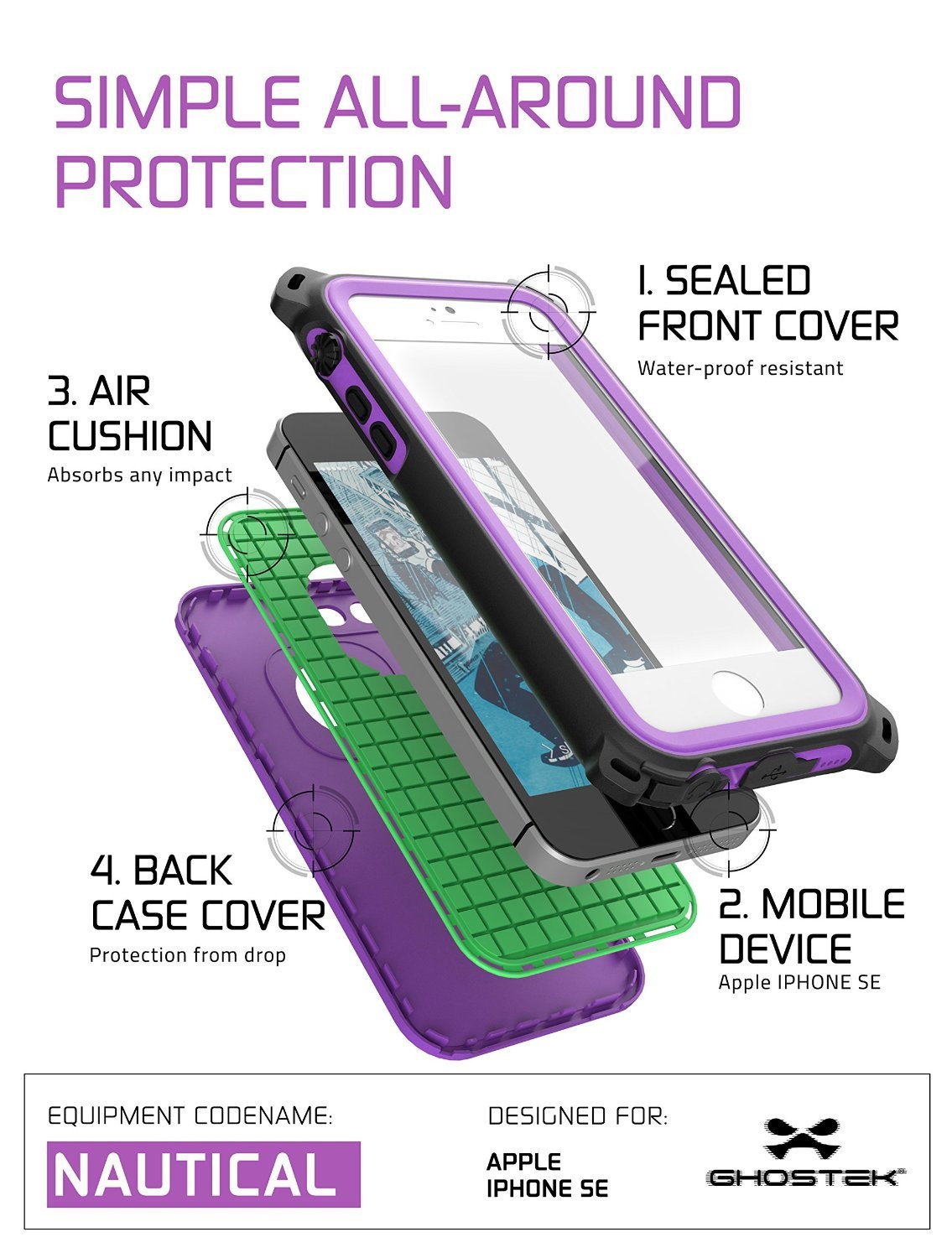 iPhone SE/5S/5 Waterproof Case, Ghostek® Nautical Purple Series| Underwater | Aluminum Frame