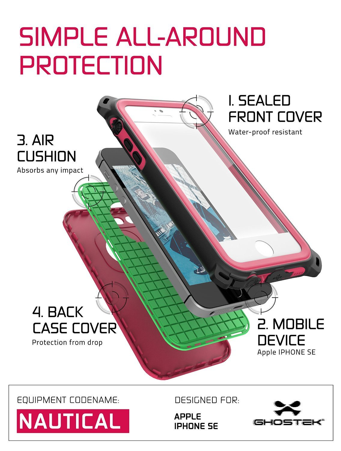 iPhone SE/5S/5 Waterproof Case, Ghostek® Nautical Pink Series| Underwater | Aluminum Frame