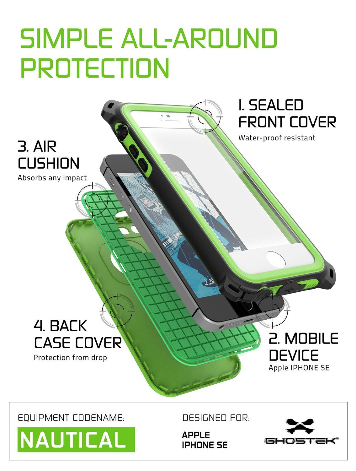 iPhone SE/5S/5 Waterproof Case, Ghostek® Nautical Green Series| Underwater | Aluminum Frame